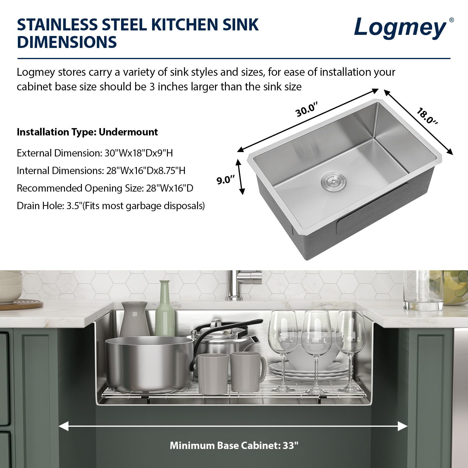 Logmey 30 Inch Undermount Kitchen Sink - 16 Gauge Stainless Steel Single Bowl Sink 30x18x9 Inches, Handmade for Modern Kitchens - Perfect for Meal Prep, Dishwashing & Entertaining
