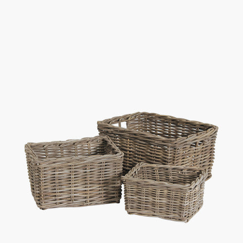 Bali Kubu Rectangular Storage Baskets Set of 3 - Grey Woven Baskets for Home Organization, Bathroom, Laundry & Closet Storage - Perfect for Shelves, Cabinets and Decor