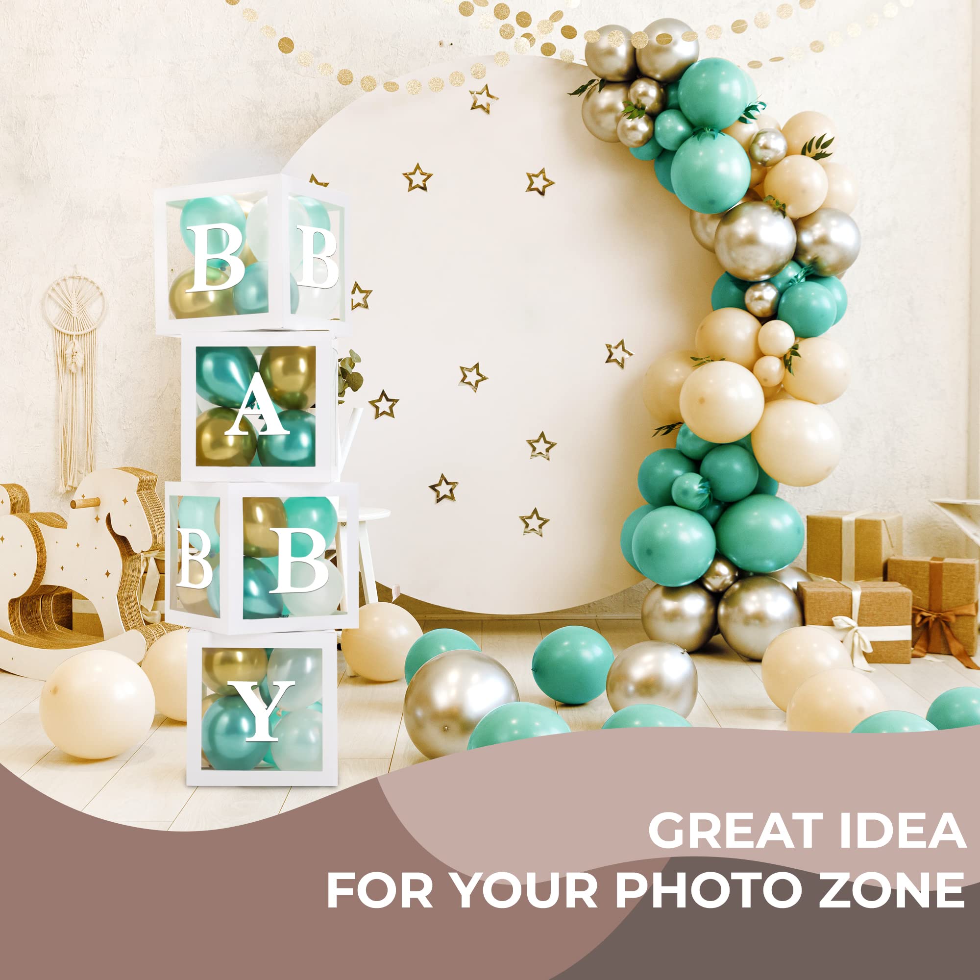 Baby Shower Letter Blocks - 4 Clear Acrylic Boxes & 8 Wooden Letters for Gender Reveal, Nursery Decor, and Newborn Photography Props | Perfect for Baby Shower Decorations, Birthday Parties, and Nursery Room Styling