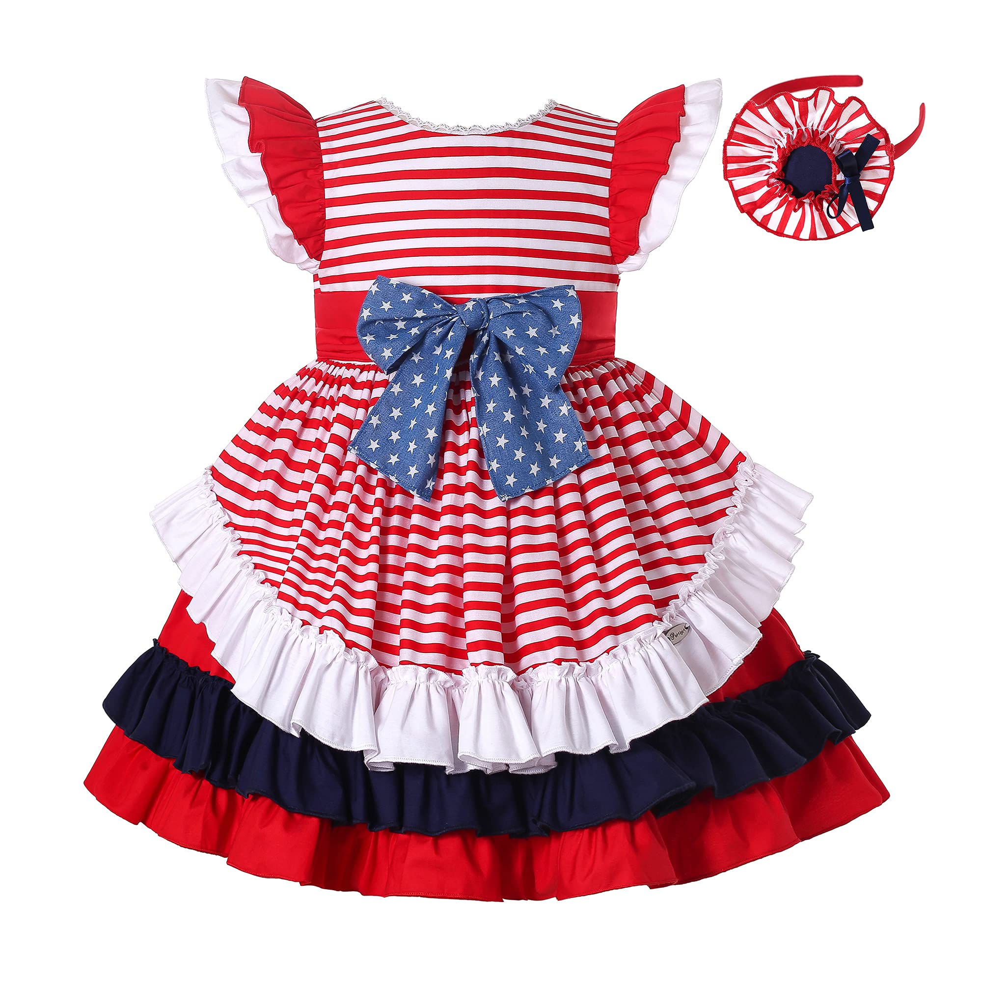 Pettigirl Girls Summer Vintage 4th of July Stripe American Flag Dress - Toddler Independence Day Midi Dress for Kids - Perfect for Patriotic Celebrations, Family BBQs & National Holidays