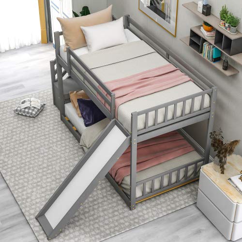 Twin Over Twin Floor Bunk Bed with Convertible Slide & Stairway - Solid Wood Low Bunk Bed with Storage Shelves & Handrail (Gray) - Perfect for Kids' Bedroom, Guest Room & Space-Saving Small Rooms