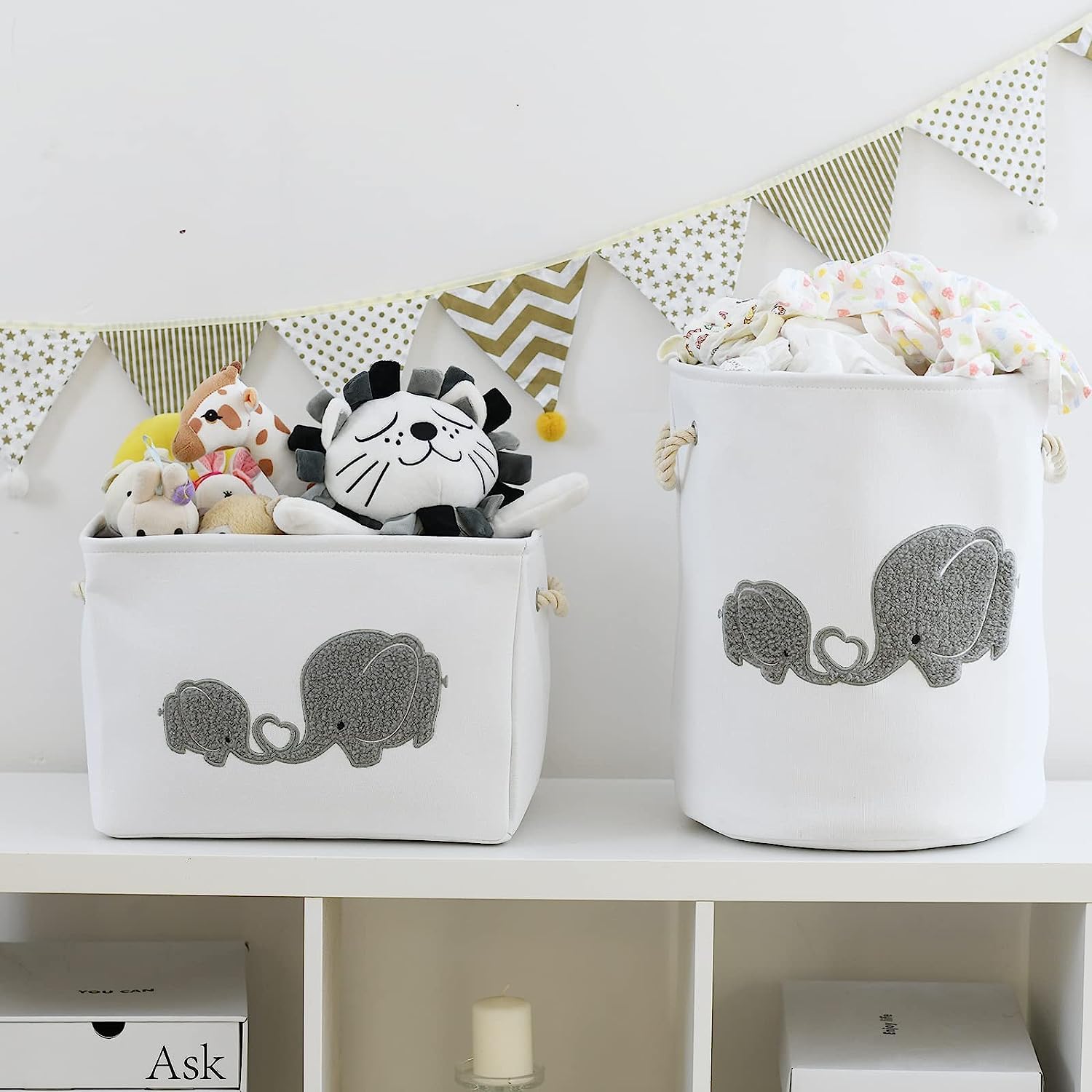 INough 2-Pack Baby Storage Baskets & Laundry Hampers for Boys Nursery - Large Elephant Design Baby Clothes Organizer for Nursery Decor, Diaper Storage & Kids Room Organization