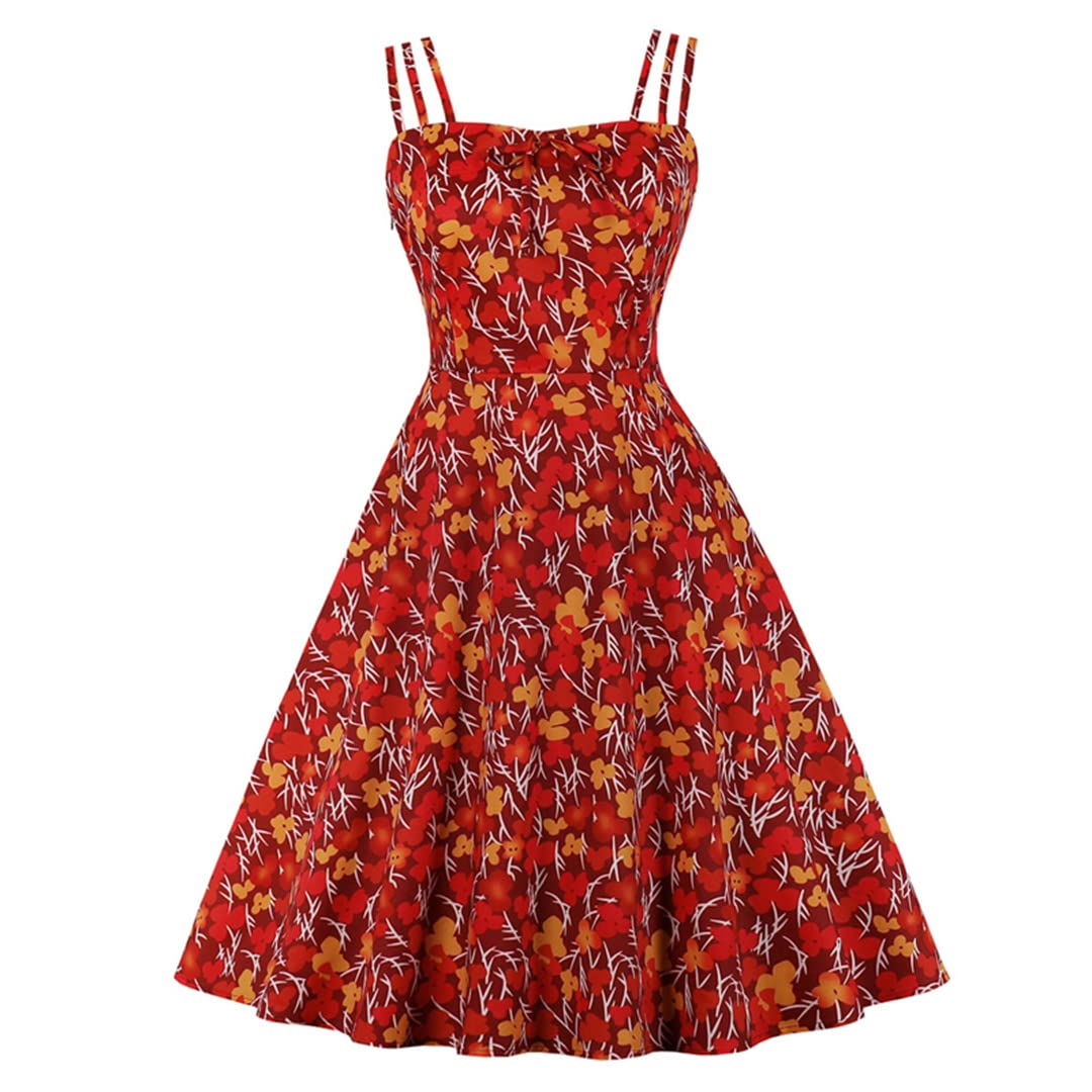 Vintage Floral Print Tie Front Spaghetti Strap Swing Dress - High Waist Summer Dress for Women | Beach Cover Up, Date Night, Boho Chic Outfit