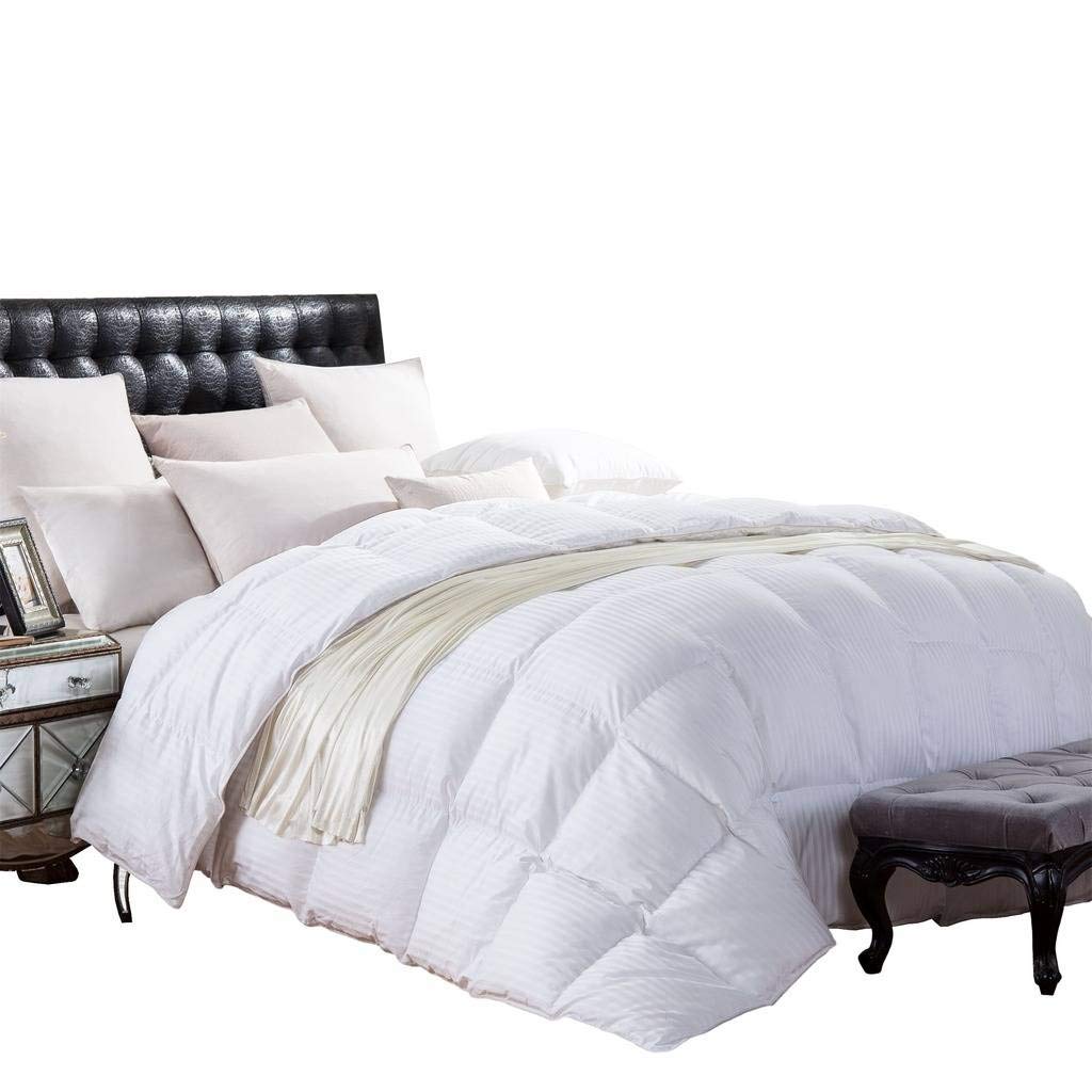 Luxury All-Season Oversized White Cabana Stripe Down Comforter - Full/Queen Size 1200 Thread Count Egyptian Cotton - 750 Fill Power Siberian Goose Down - Baffle Box Construction - Perfect for Master Bedrooms, Guest Rooms & Cozy Winter Nights