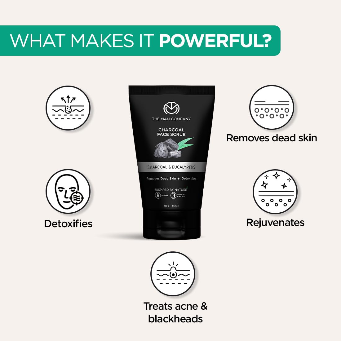 The Man Company Charcoal Tan Removal Face Scrub for Men - Deep Cleansing Exfoliator for Glowing Skin | Anti Acne & Blackhead Remover for Oily & Combination Skin | 100g Travel-Friendly Tube | Perfect for Daily Skincare Routine & Post-Shave Care