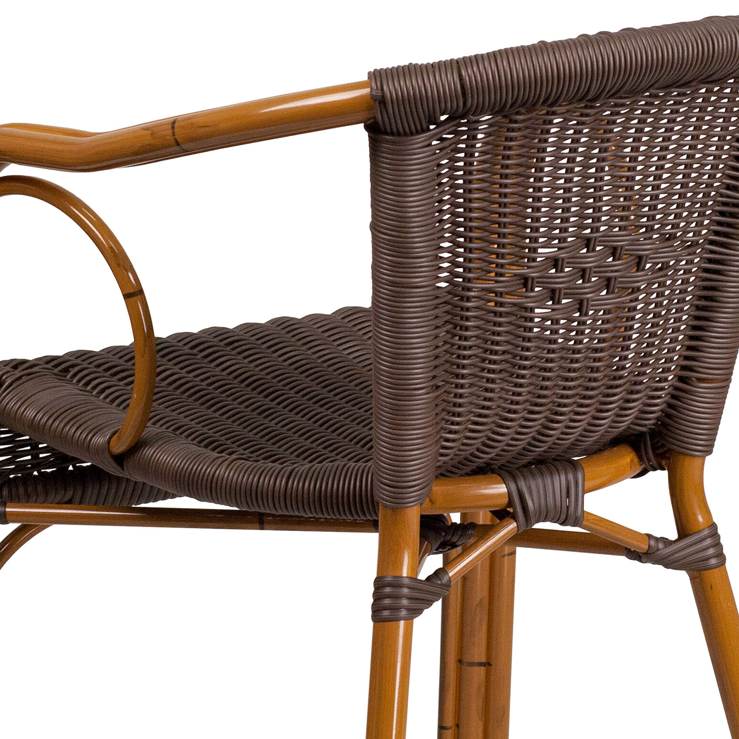 EMMA + OLIVER Dark Brown Rattan Patio Chair with Red Bamboo-Aluminum Frame - Outdoor Dining, Poolside Relaxation & Garden Decor