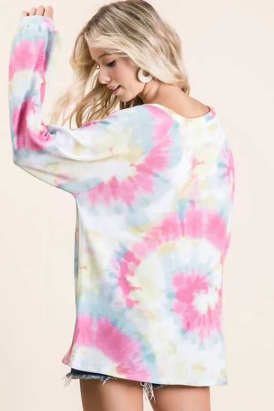 BiBi Tie Dye Print Terry Top with Puff Sleeves | Women's Fashion Casual Blouse | Perfect for Summer Outfits, Beach Wear & Boho Style