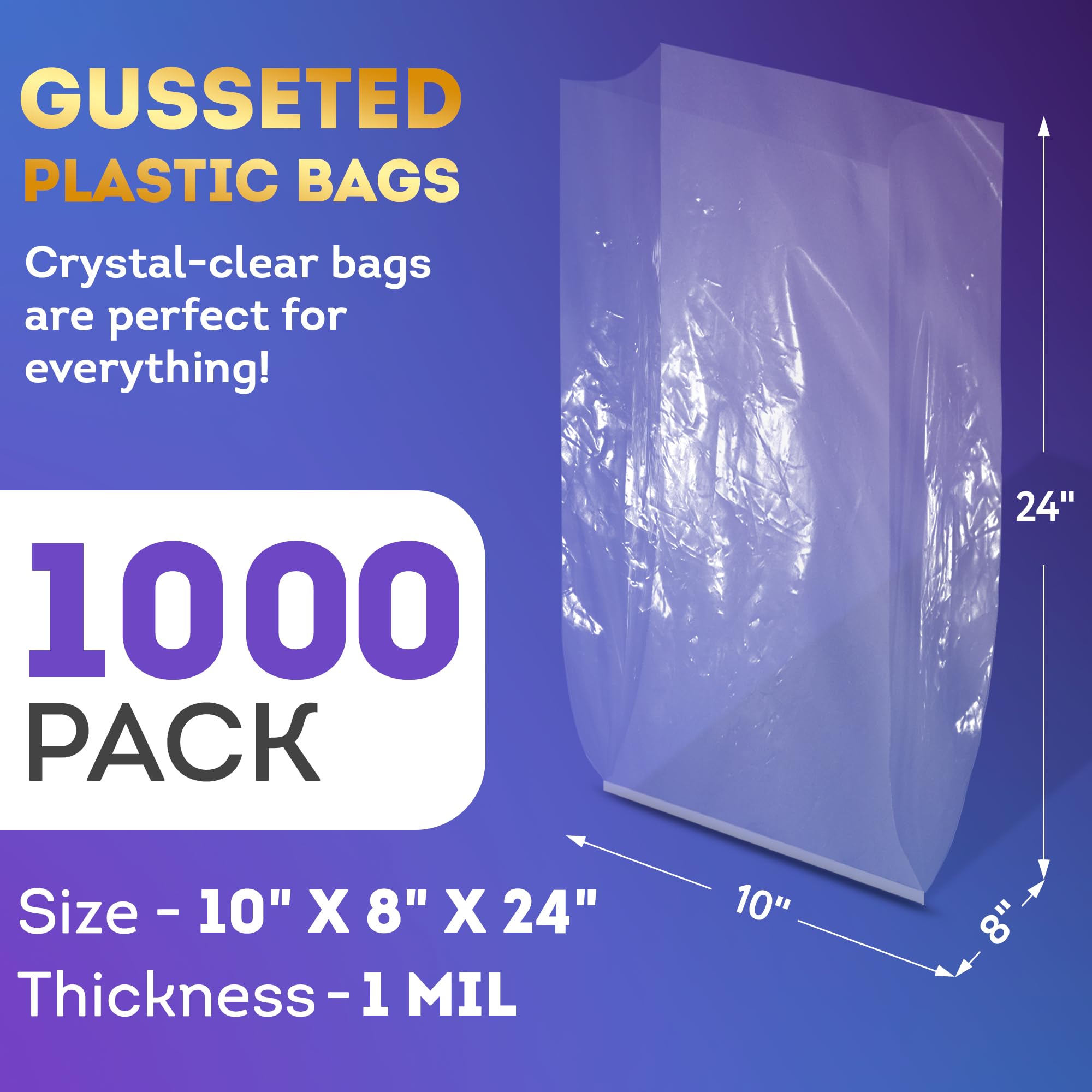 APQ Clear Gusseted Poly Bags 10x8x24 Inches - 1000 Pack of 1 Mil Thick Open Top Plastic Bags for Packaging Cookies, Popcorn, Candies & Homemade Bread - Perfect for Bakery, Party Favors & Retail Display