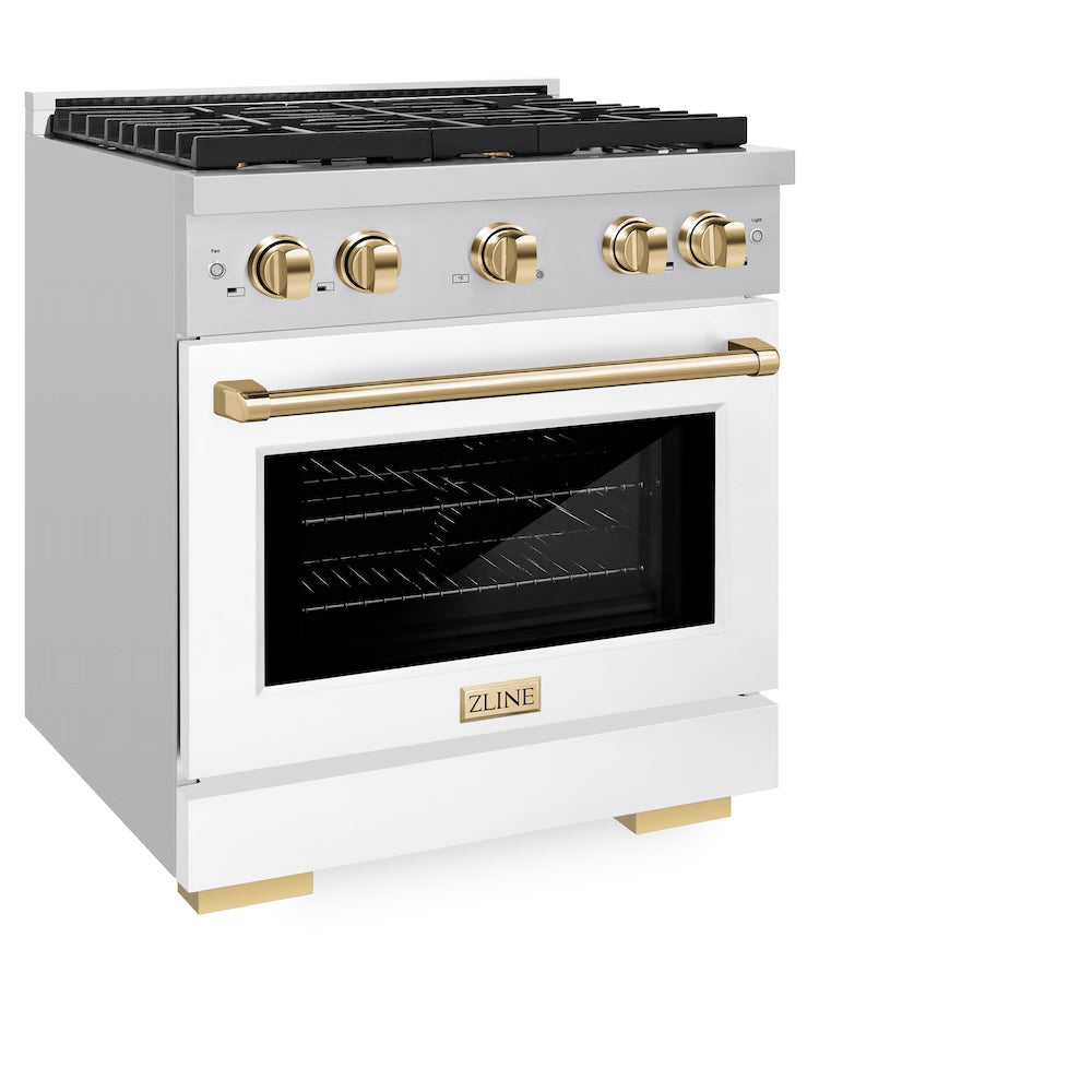 ZLINE Autograph Edition 30-inch 4.2 cu. ft. Stainless Steel Gas Range with 4 Burner Cooktop & Convection Oven - White Matte Door & Polished Gold Accents (SGRZ WM 30 G) | Professional Kitchen Appliance for Home Chefs & Cooking Enthusiasts
