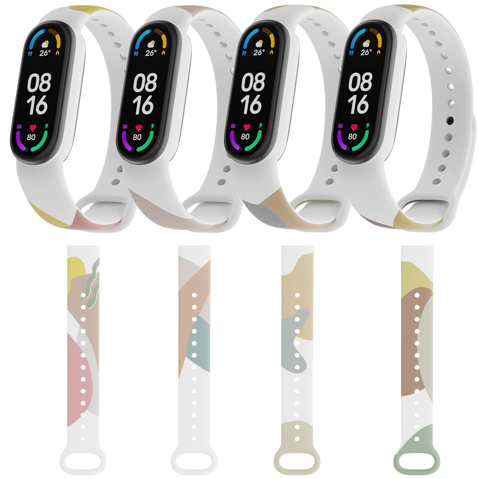 ESeekGo 4-Pack Replacement Silicone Strap for Xiaomi Mi Band 5/6 & Amazfit Band 5 - Adjustable Sport Wristband with Impressionist Pattern for Women, Men & Kids | Perfect for Fitness Tracking, Swimming & Daily Wear