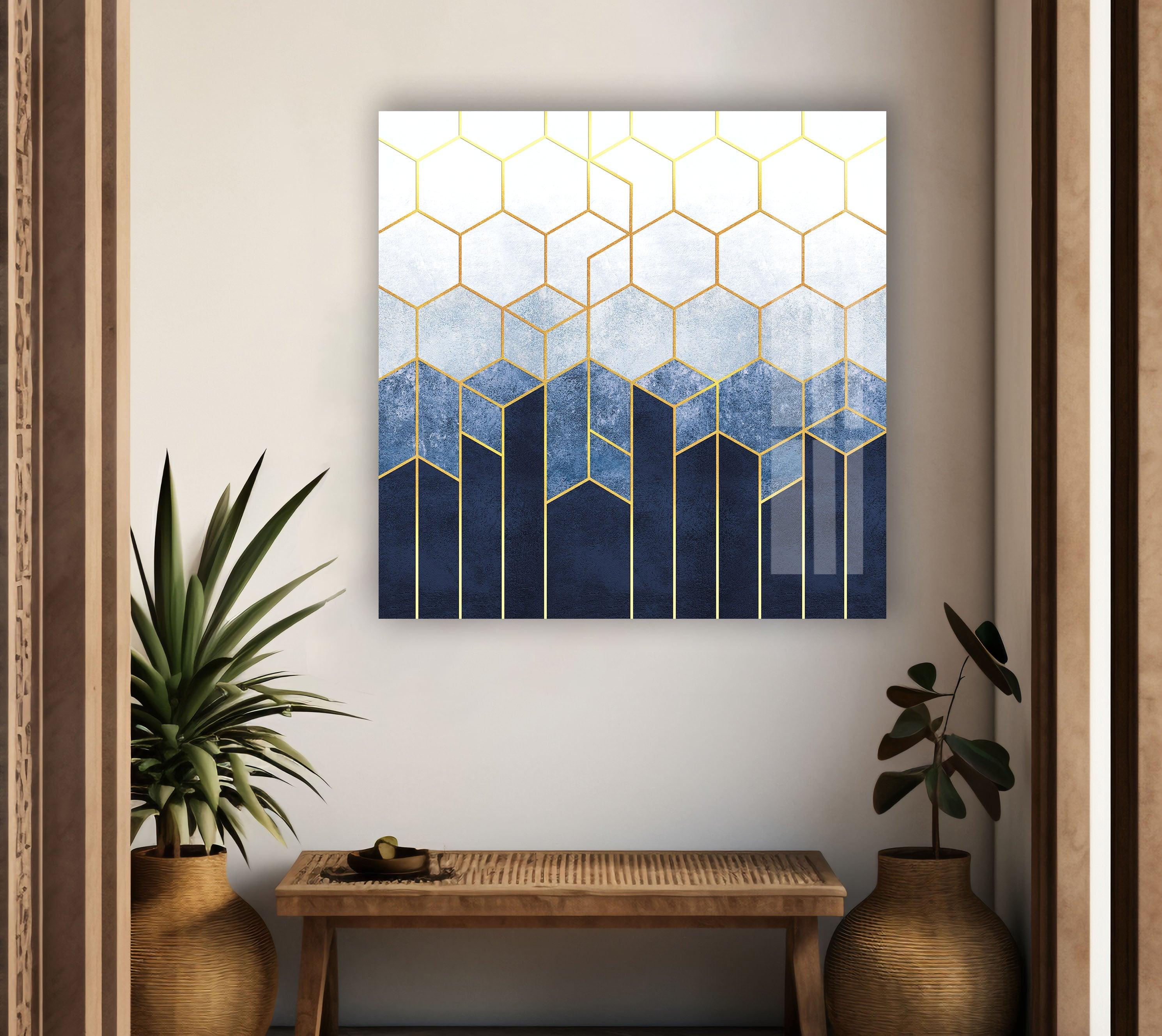 Blue Hexagons Abstract Glass Wall Art - Modern Geometric Home Decor for Living Room, Bedroom & Office