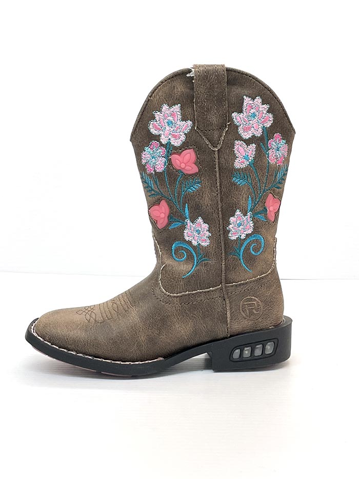 Roper Kids Dazzle Light Up Floral Square Toe Western Boots - Brown Cowgirl Boots for Girls with Flashing Lights | Perfect for Rodeo, Dance Performances & Western Themed Parties