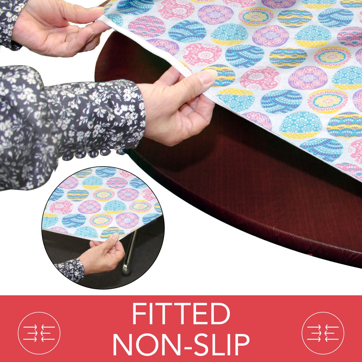 Deluxe Elastic Edged Flannel Backed Vinyl Fitted Tablecloth - Easter Design Small Round Table Cover (40-44 inch Diameter) for Holiday Dining, Kitchen Decor & Party Table Setting