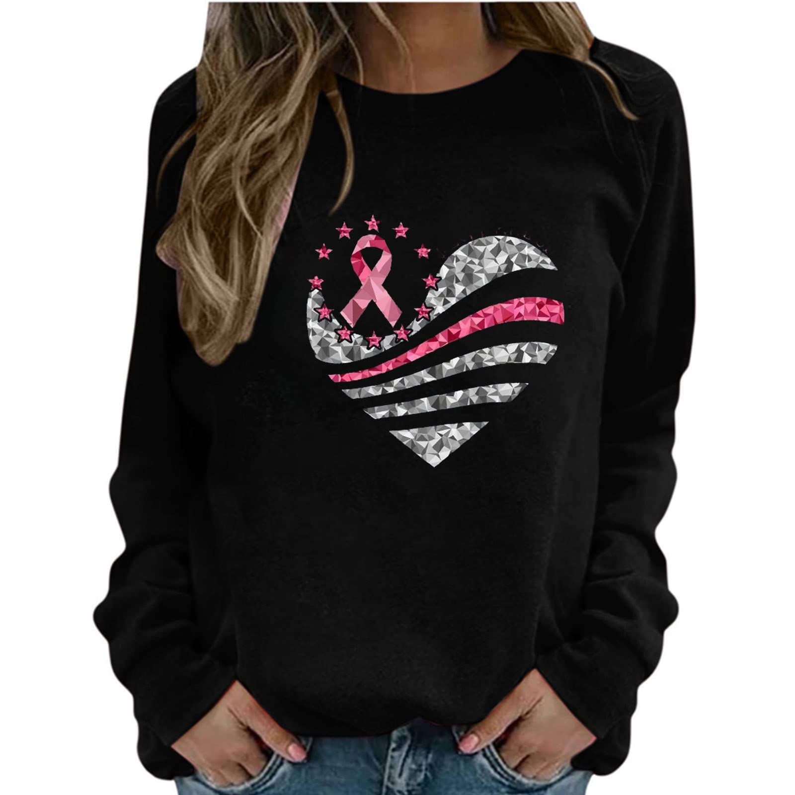 Women's Pink Ribbon Breast Cancer Awareness Sweatshirt - Stylish Heart Graphic Pullover, Long Sleeve Lightweight Outwear for Survivors & Supporters | Perfect for Fundraisers, Walks & Everyday Wear