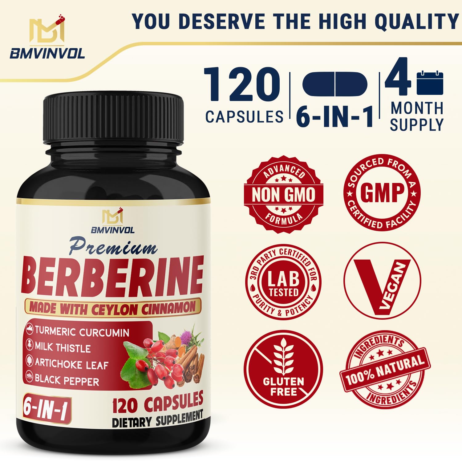 BMVINVOL 6-in-1 Berberine Supplement with Ceylon Cinnamon, Turmeric Root, Milk Thistle, Artichoke & Black Pepper - 120 Capsules (4 Month Supply) | Supports Digestive Health, Blood Sugar Balance & Liver Function | Ideal for Daily Wellness Routine & Natural Detox