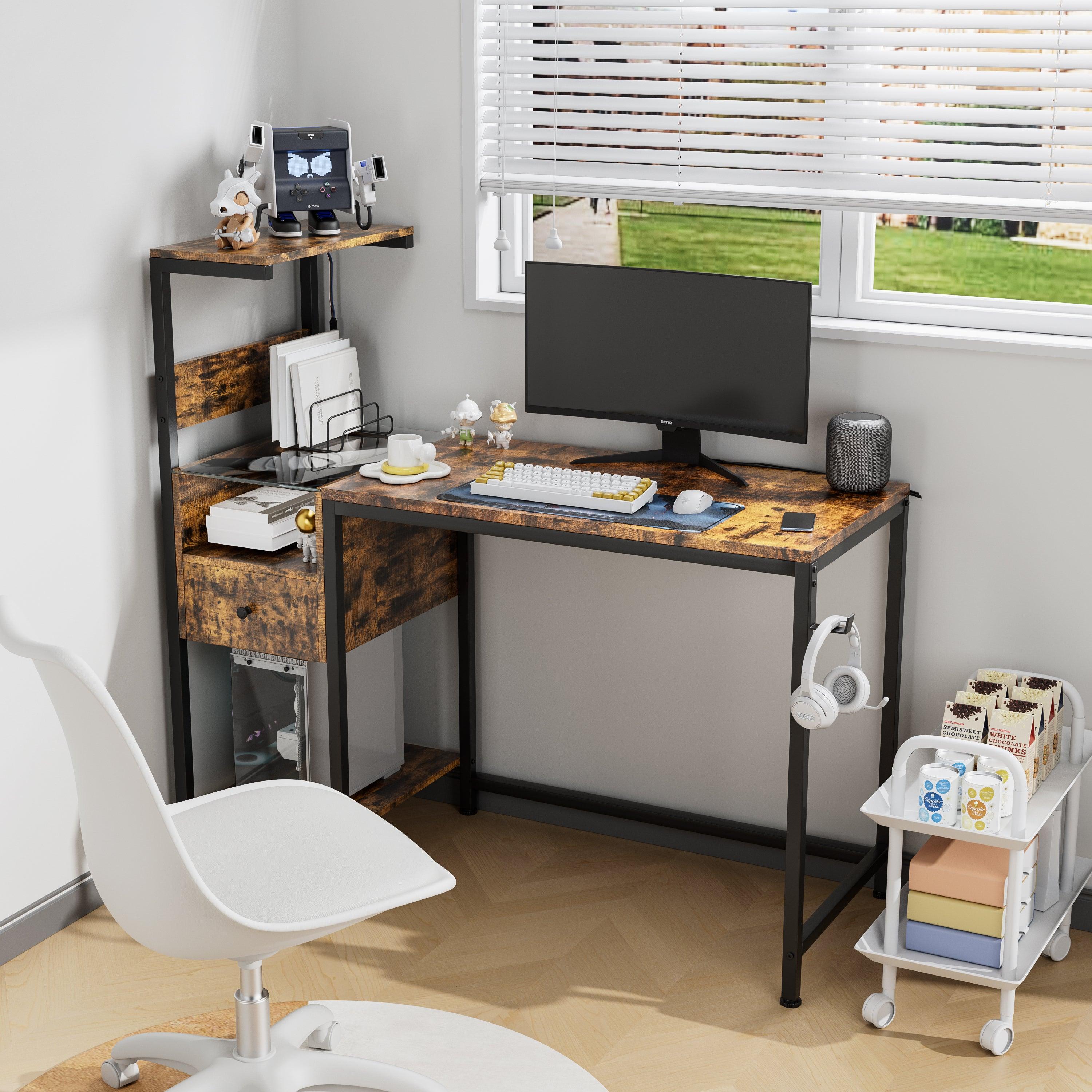 Ergonomic Computer Desk with Built-in Power Outlet & USB Charging Station | Home Office Desk with Storage Shelves | Study Writing Workstation for Small Spaces (Brown) - Perfect for Remote Work, Gaming Setup & Online Learning
