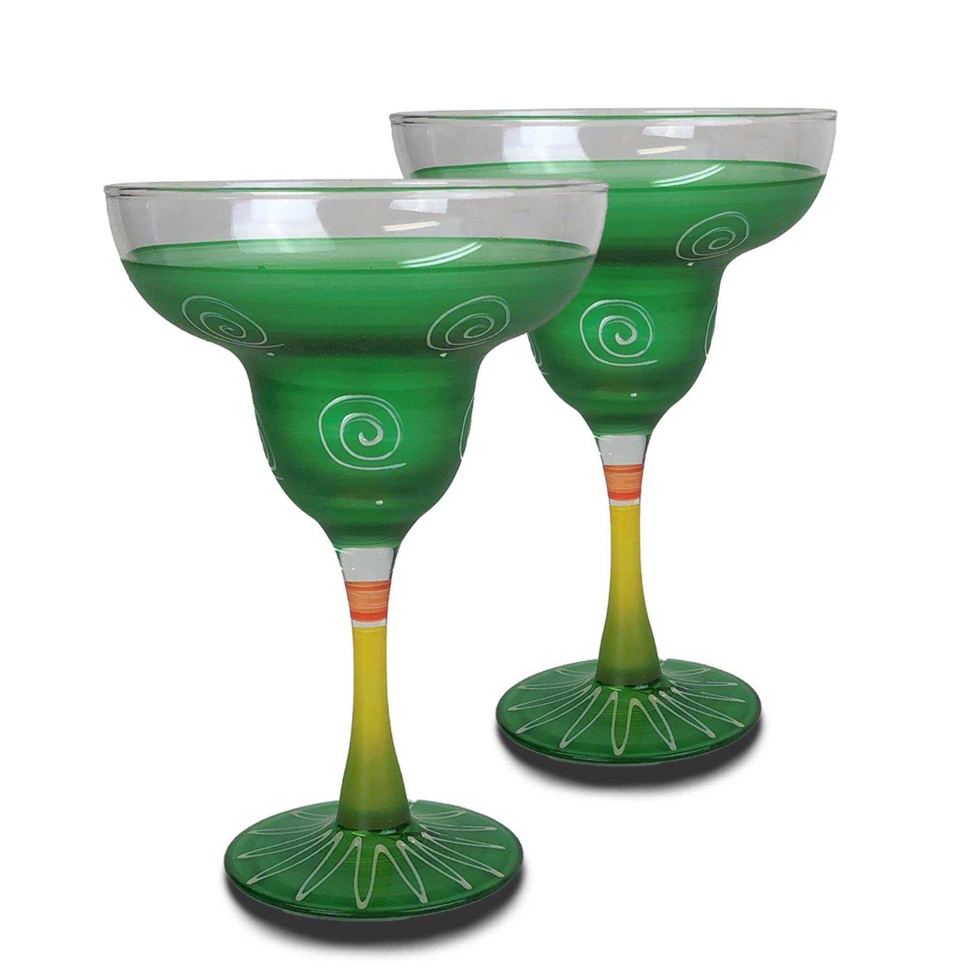 Set of 2 Hand Painted Margarita Glasses - 12oz Dark Green & White - Perfect for Cocktail Parties, Mexican Themed Events & Home Bar Decor