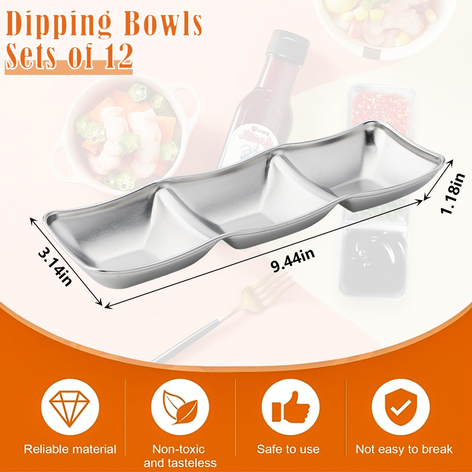 6-Piece Stainless Steel Divided Sauce Bowls - 3 Compartment Dipping Dishes for Soy Sauce, Ketchup, Seasoning - Perfect for Sushi, Dumplings, Hot Pot & Asian Cuisine
