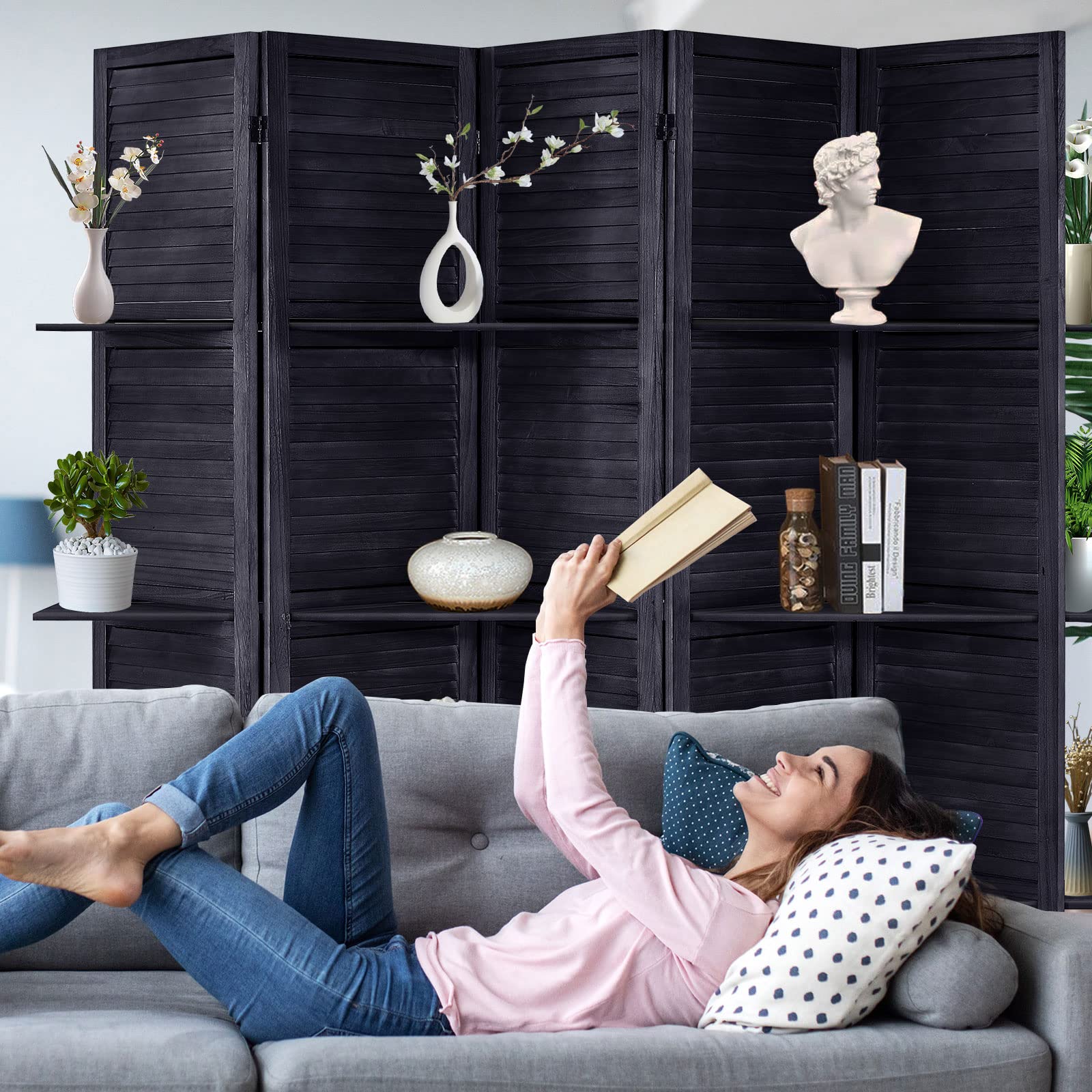 5.6 Ft Tall Wood Room Divider with Shelves - 5 Panel Folding Privacy Screen & Wall Partition for Home, Office, or Studio (Black) | Space Separator for Living Room, Bedroom, and Workspace