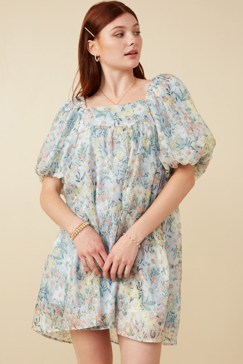 Elegant Floral Organza Puff Sleeve Dress for Women - Summer Wedding Guest Dress, Garden Party Outfit & Formal Occasion Wear