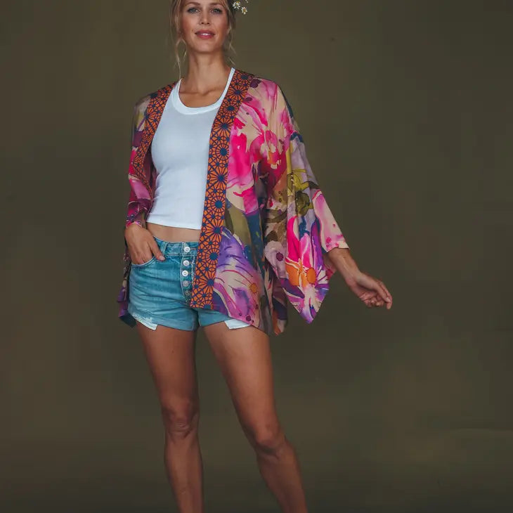 Stylish Denim Orchid Kimono Jacket for Women - Boho Chic Outerwear - Perfect for Casual Outings, Festivals & Layering