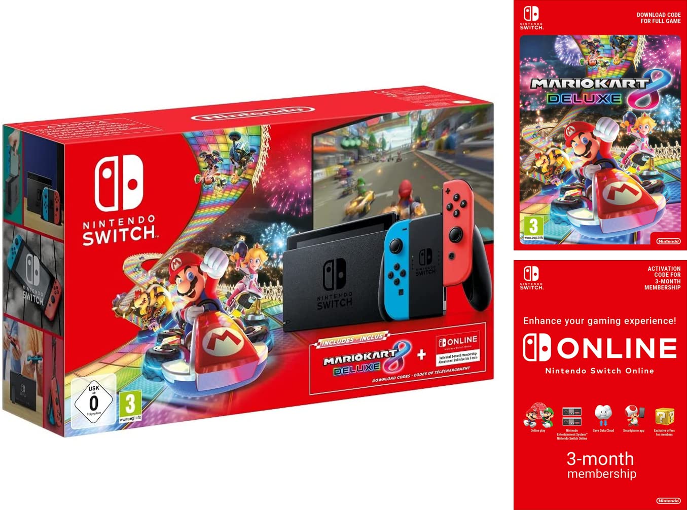 Nintendo Switch Console Neon Red/Neon Blue Bundle with Mario Kart 8 Deluxe Game & 3-Month Online Membership - Perfect for Family Gaming, Multiplayer Fun & Portable Entertainment