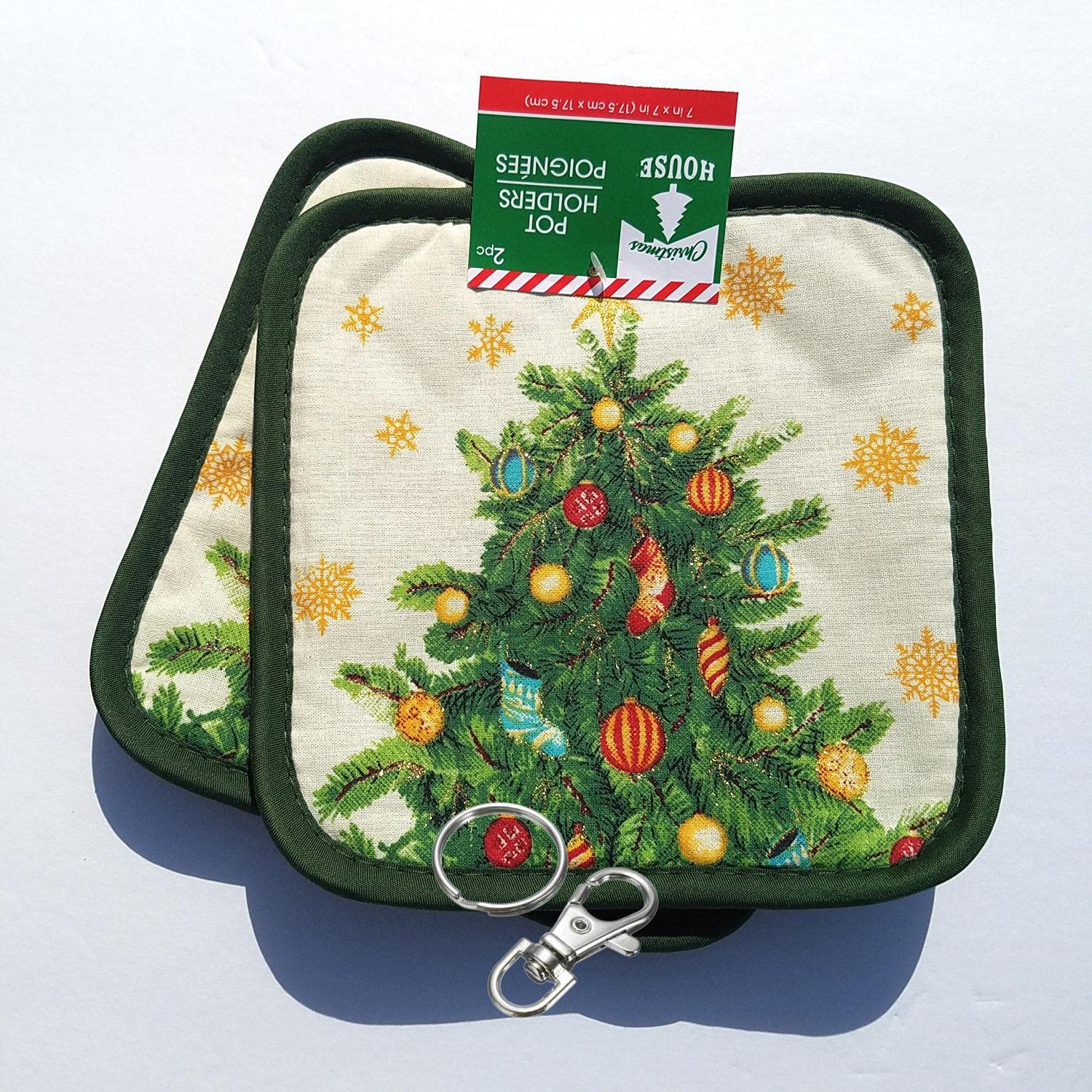 4PCS Christmas Tree Potholders & Hot Pads Set - 7x7 Inch Heat Resistant Kitchen Accessories with Lobster Clasp & Key Ring - Perfect for Holiday Cooking, Baking, and Gift Giving