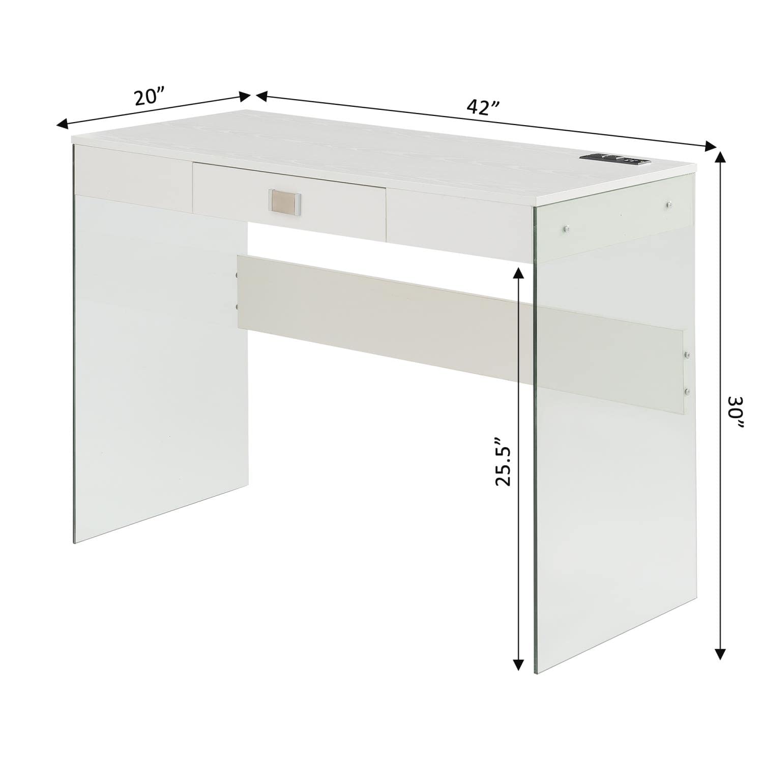 Soho Glass Desk with Built-in Charging Station - 42 Inch Modern White Writing Desk for Home Office, Gaming & Study Workspace