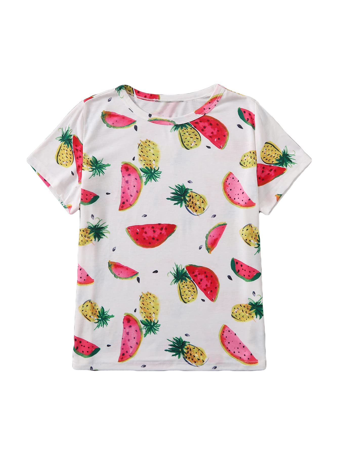 Romwe Women's Cute Short Sleeve T-Shirt with Allover Fruit Print - Casual Summer Top for Beach, Vacation & Everyday Wear