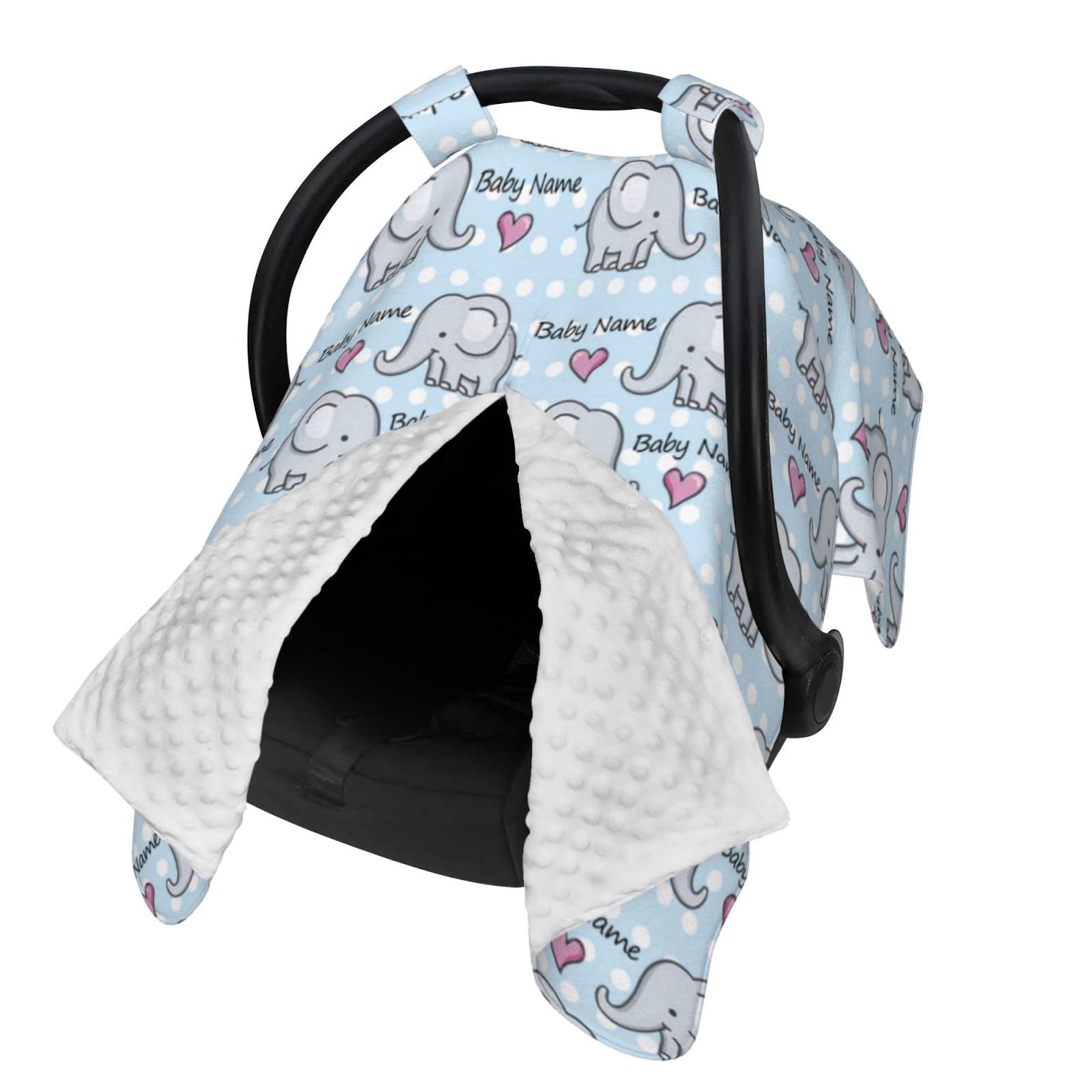 Personalized Elephant & Heart Baby Car Seat Canopy with Name - Custom Infant Car Seat Cover for Boys & Girls - Soft Minky Peekaboo Nursing Stroller Canopy for Newborns - Perfect for Breastfeeding, Travel & Outdoor Protection
