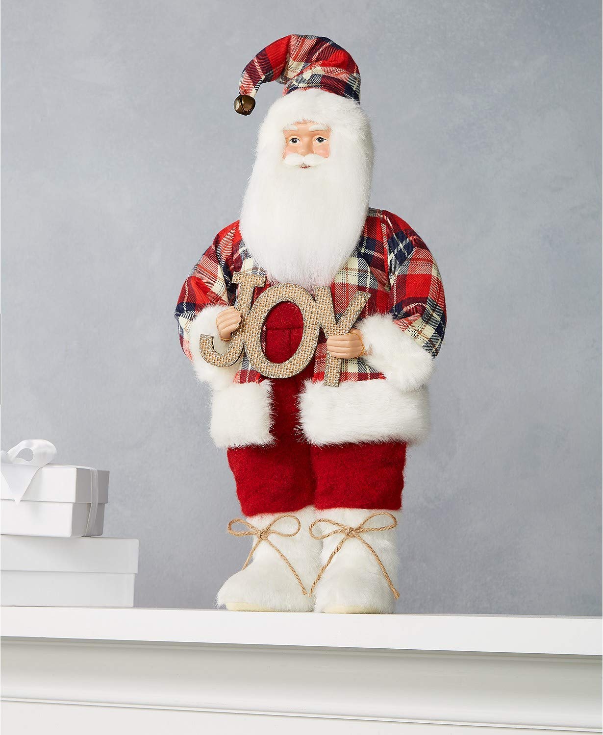 Christmas Decor Santa Claus with Joy Sign - Red Plaid Holiday Lane Decoration for Home, Fireplace, and Festive Party Decor