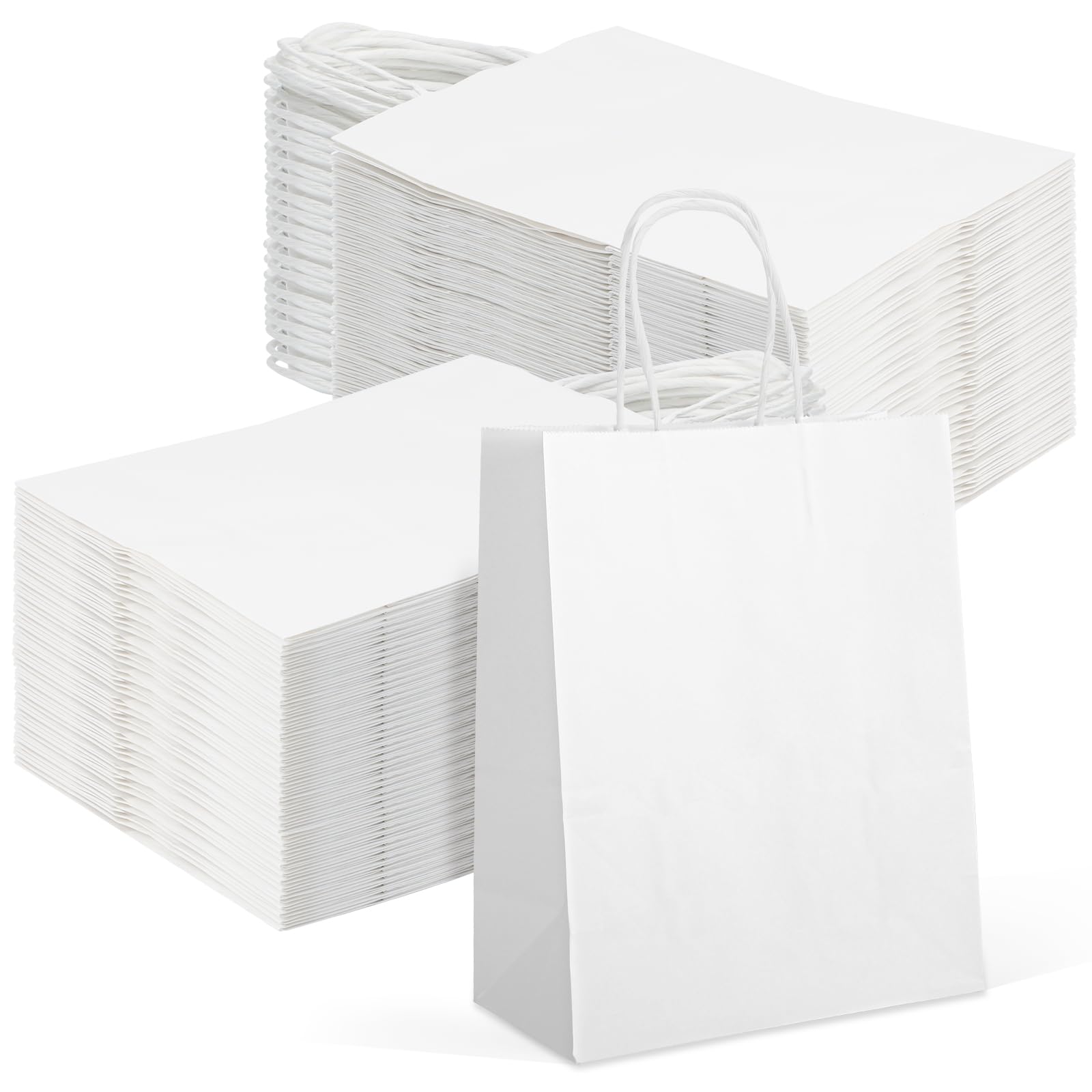 Moretoes 120pcs White Kraft Gift Bags with Handles, 7.1x3.6x9.3in Medium Size Paper Shopping Bags for Retail, Parties, Weddings & Business Events - Perfect for Gift Wrapping, Favor Bags & Store Packaging