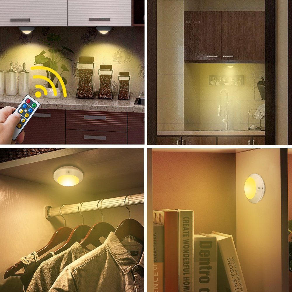 HONWELL Puck Lights with Remote - 6 Pack Cordless Battery Powered LED Closet Lights, Under Cabinet Lighting for Kitchen, Shelf, Wardrobe - Tap & Push Button Operation for Easy Use