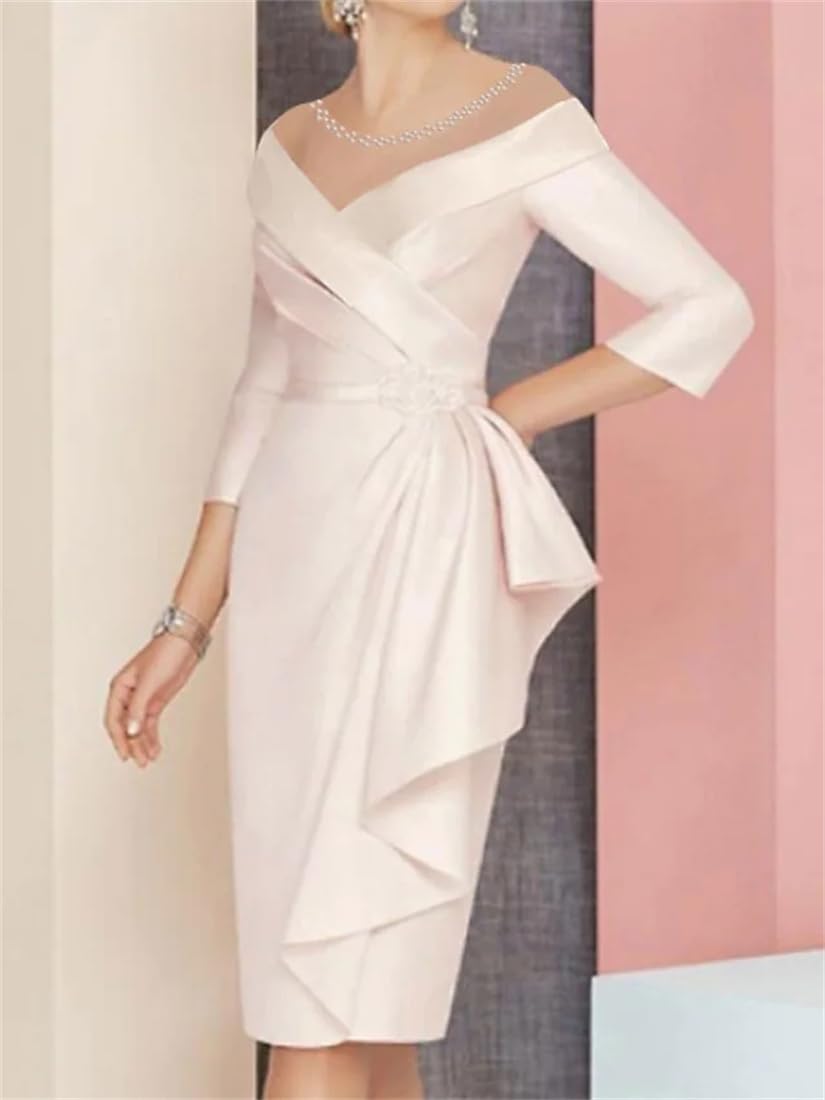 Elegant V-Neck 3/4 Sleeve Formal Wedding Guest Dress for Mother of The Bride - Flattering Ruching Design LS025 | Perfect for Weddings, Parties & Special Occasions