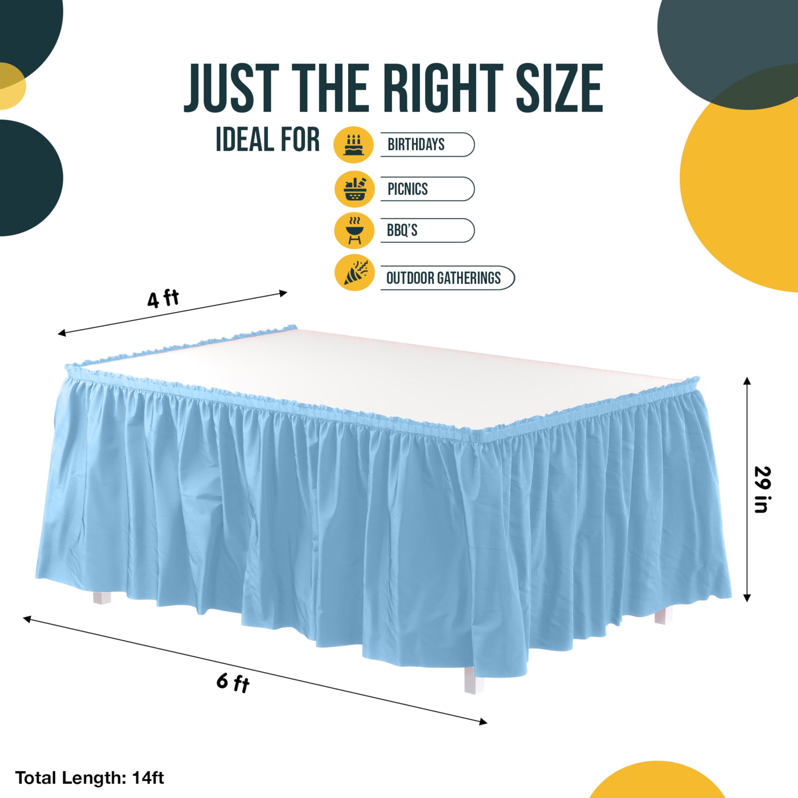 Elegant Light Blue Ruffle Table Skirt - 6 Pack (14 Ft Long) for Rectangle & Round Tables - Self-Adhesive Strip - Perfect for Gender Reveal Parties, Birthday Decorations & Wedding Receptions