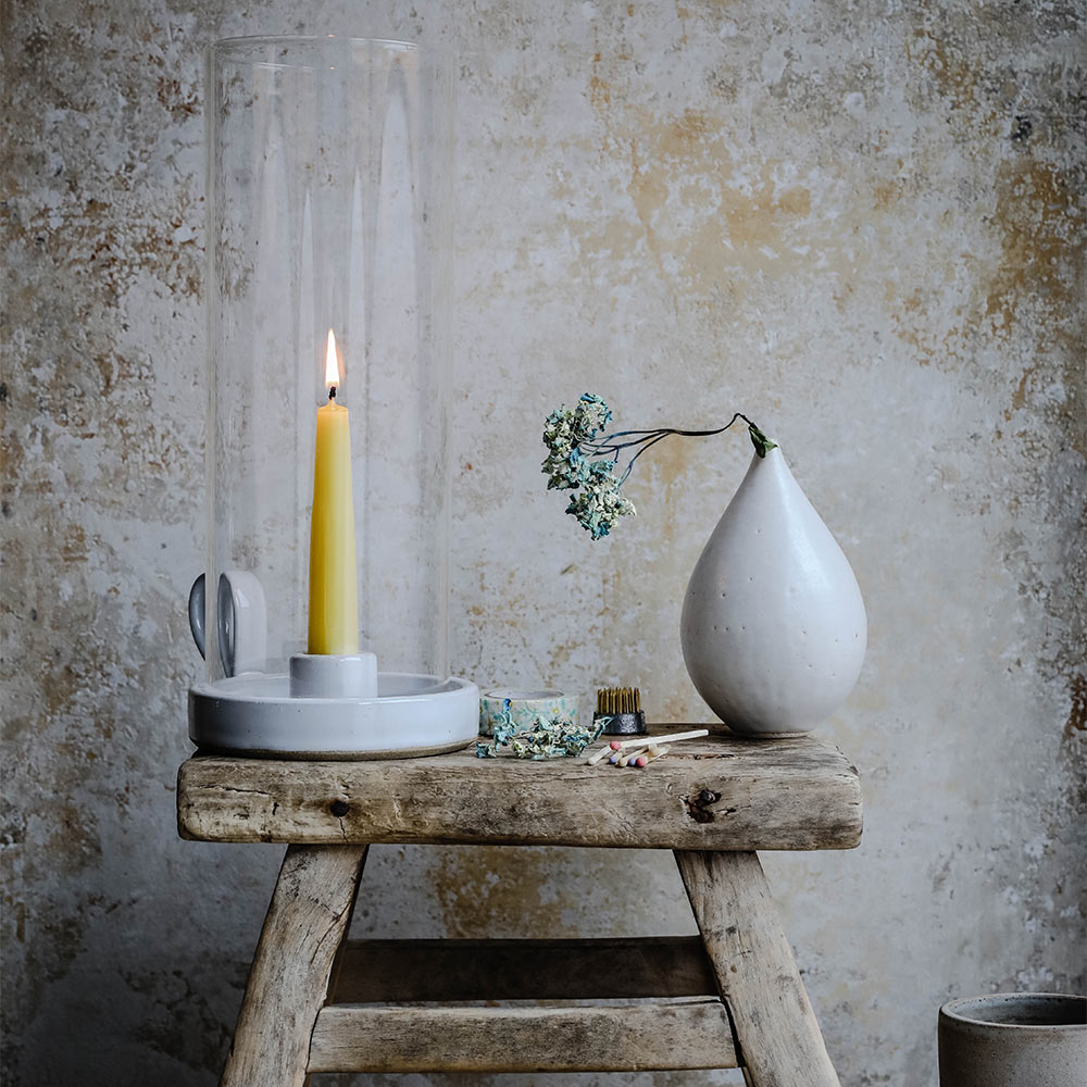 Handmade Stoneware Hurricane Candle Holder with Handle - Rustic Home Decor for Dining Table, Fireplace, or Outdoor Patio Lighting