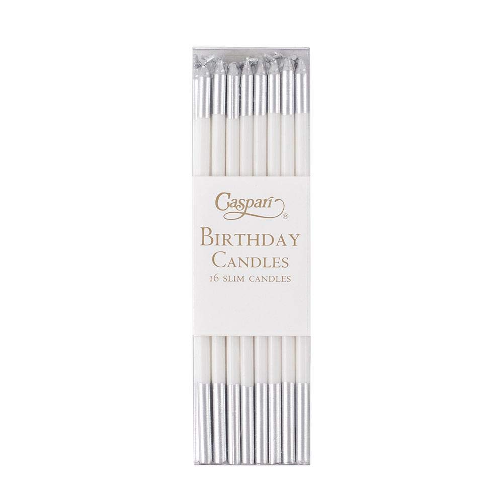 Caspari Slim White & Silver Birthday Candles - Pack of 32 Elegant Taper Candles for Birthday Cakes, Party Decorations & Special Celebrations
