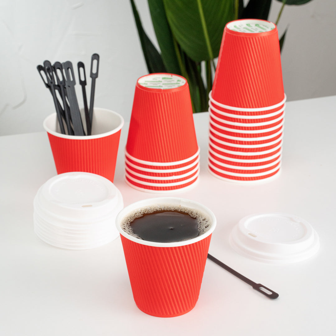 8 oz Red Paper Coffee Cups with Ripple Wall - 3.5