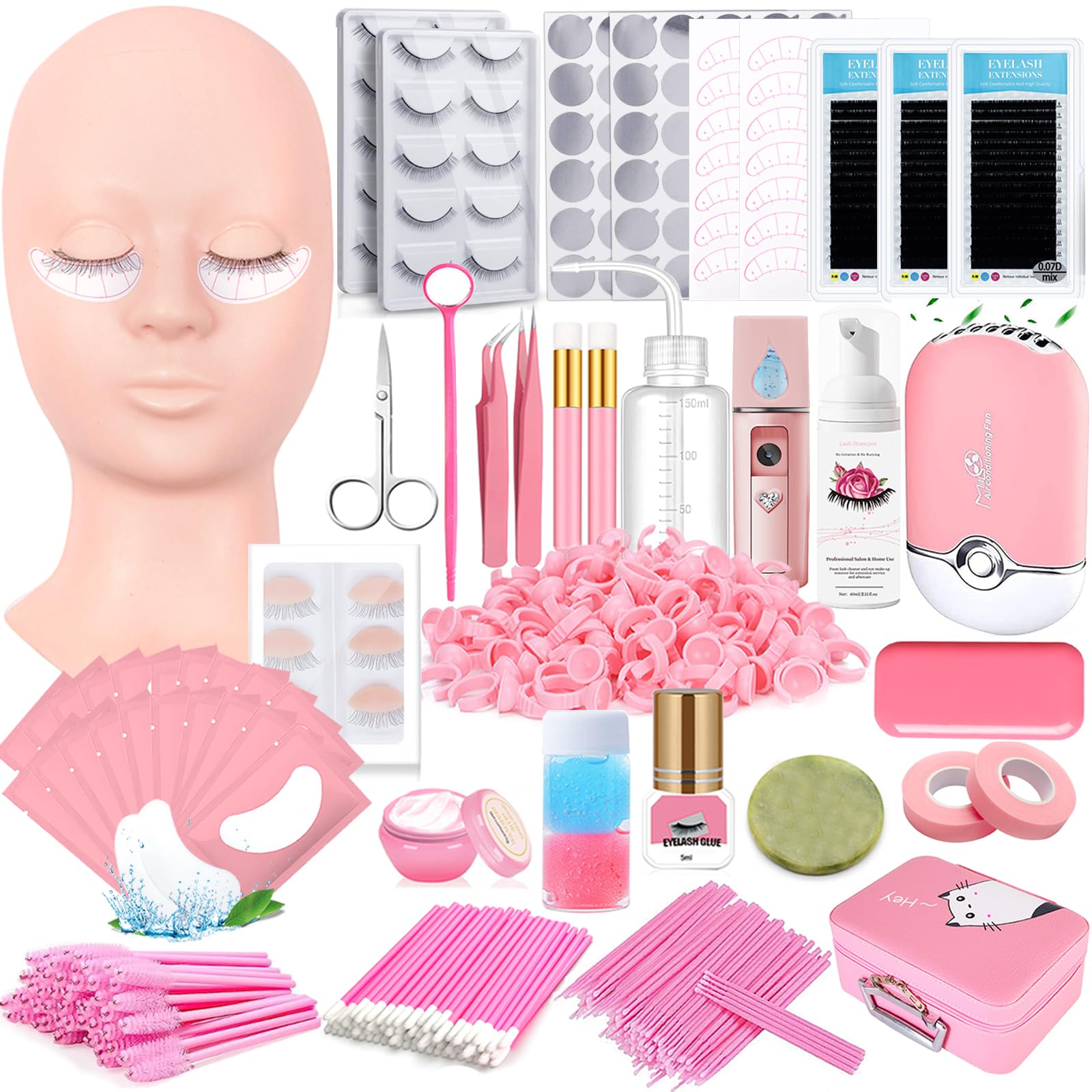 Professional Eyelash Extension Kit for Beginners - Complete Set with Mannequin Head, Removable Eyelids, USB Fan, Sprayer, False Lashes & Storage Box | Perfect for Salon Training, Home Practice & DIY Lash Artists