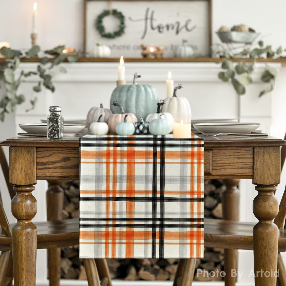 Orange Black Buffalo Plaid Fall Table Runner 13x72 Inch - Halloween Thanksgiving Kitchen Dining Decor for Home Outdoor Party | Seasonal Table Setting, Holiday Dinner Decoration, Autumn Centerpiece