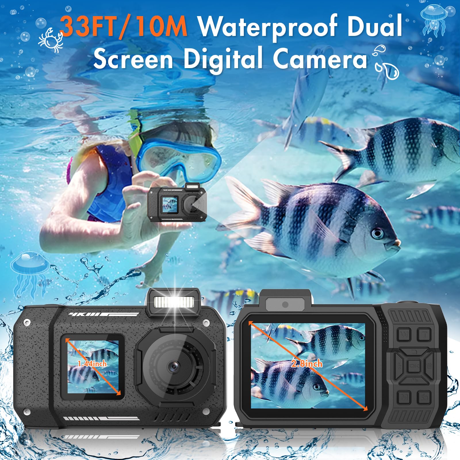 Omzer 48MP Waterproof Digital Camera - IP68 Underwater Camera 33FT, 4K Autofocus HD Dual Screen Selfie, 18X Zoom Compact Point and Shoot Video Camera for Kids - Perfect for Snorkeling, Travel & Outdoor Adventures