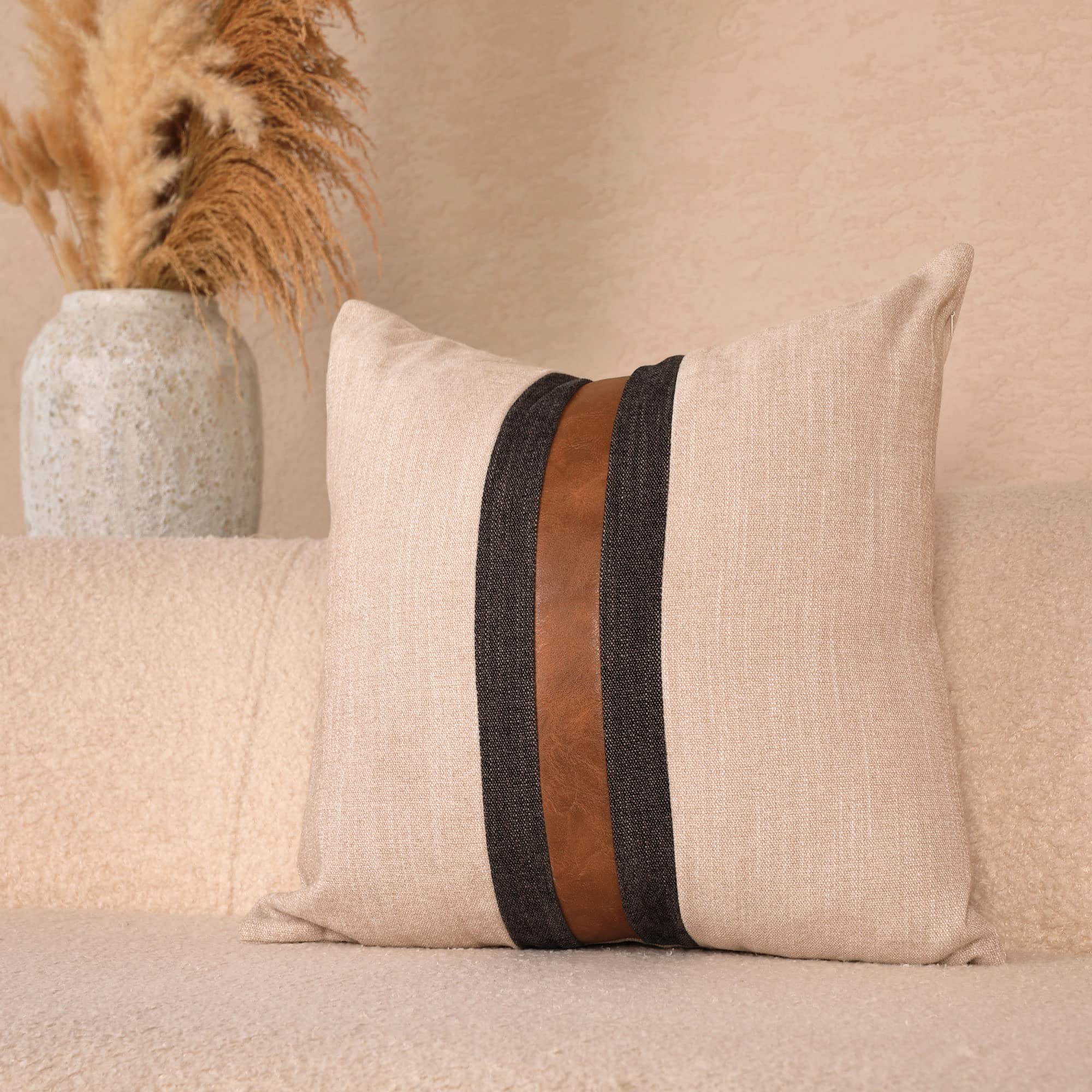 BOYSUM 12x12 Inch Faux Leather Farmhouse Decorative Throw Pillow Covers - Brown Beige Accent Pillow Case for Couch, Sofa, Bed - Modern Farmhouse Decor for Living Room, Patio & Outdoor Use