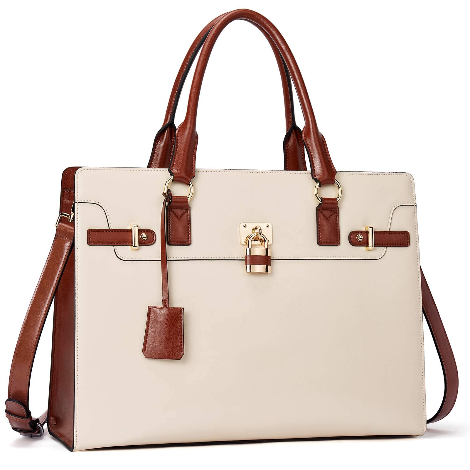 BOSTANTEN Women's Leather Laptop Briefcase - 15.6 Inch Professional Work Tote Bag with Shoulder Strap & RFID Blocking Wallet Set | Stylish Beige Office Handbag for Business Women, Commuting & Travel