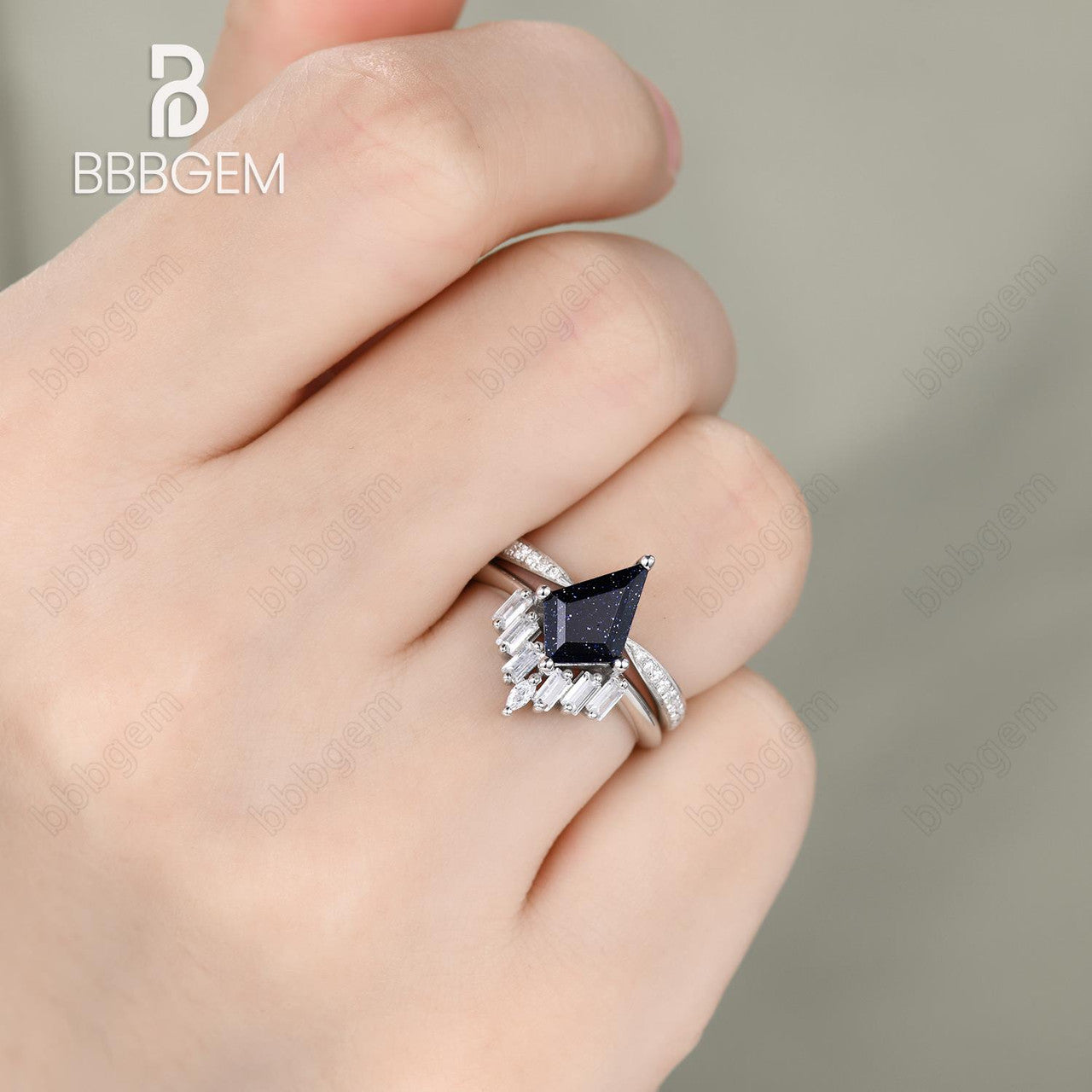 18K White Gold Knife Edge Kite Blue Sandstone Engagement Ring with Cluster Baguette & Pave Moissanite - Elegant Wedding Band, Anniversary Gift for Her - Perfect for Proposals, Bridal Jewelry & Special Occasions