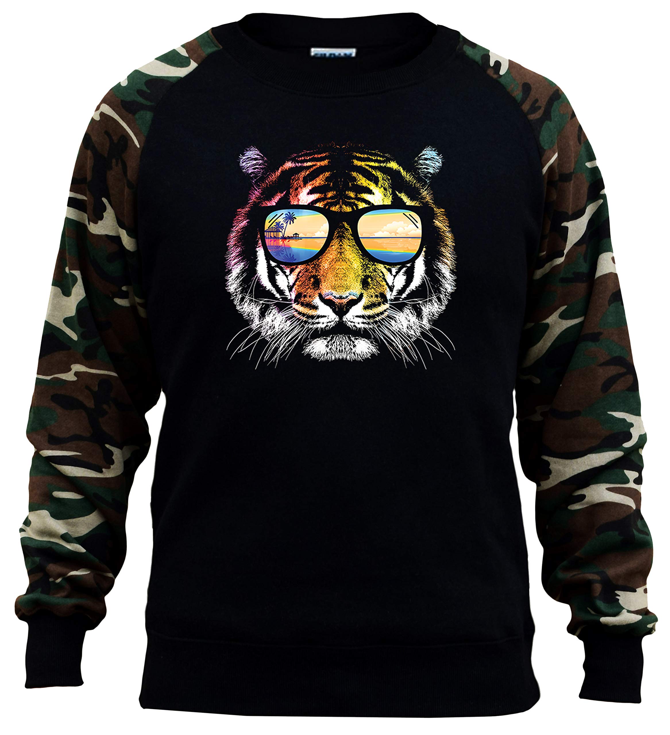 Men's Summer Tiger Print Black Camo Raglan Baseball Sweatshirt - Comfortable Casual Pullover for Streetwear, Sports & Outdoor Activities