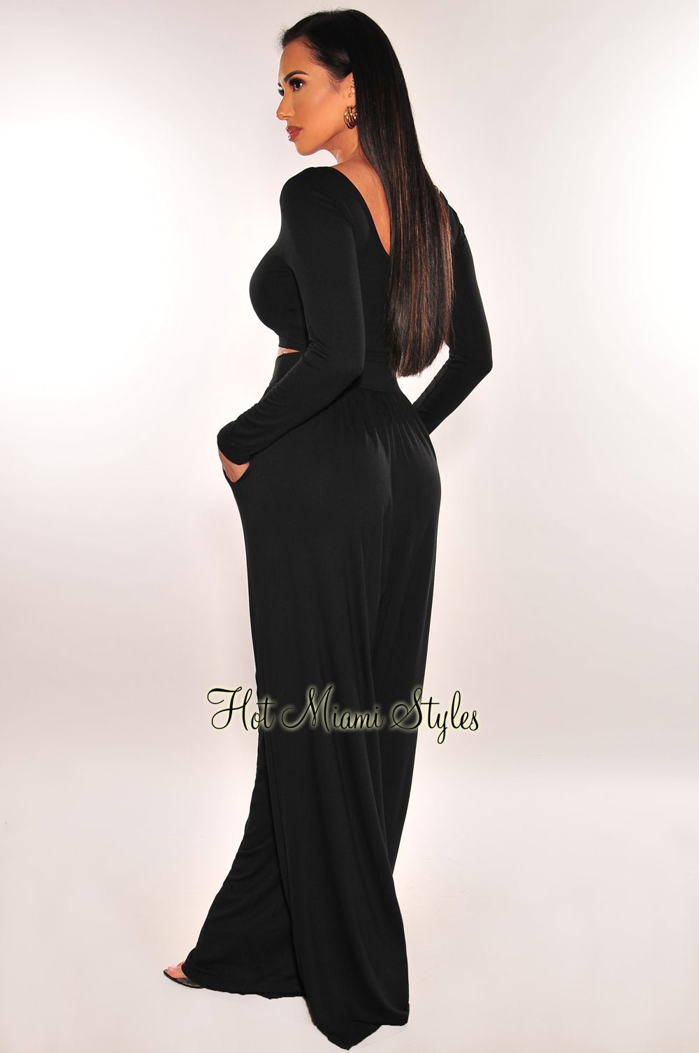 Stylish Black Round Neck Long Sleeve Palazzo Pant Two Piece Set for Women - Comfortable Lounge Wear & Casual Outfit for Everyday Wear, Yoga, and Relaxation