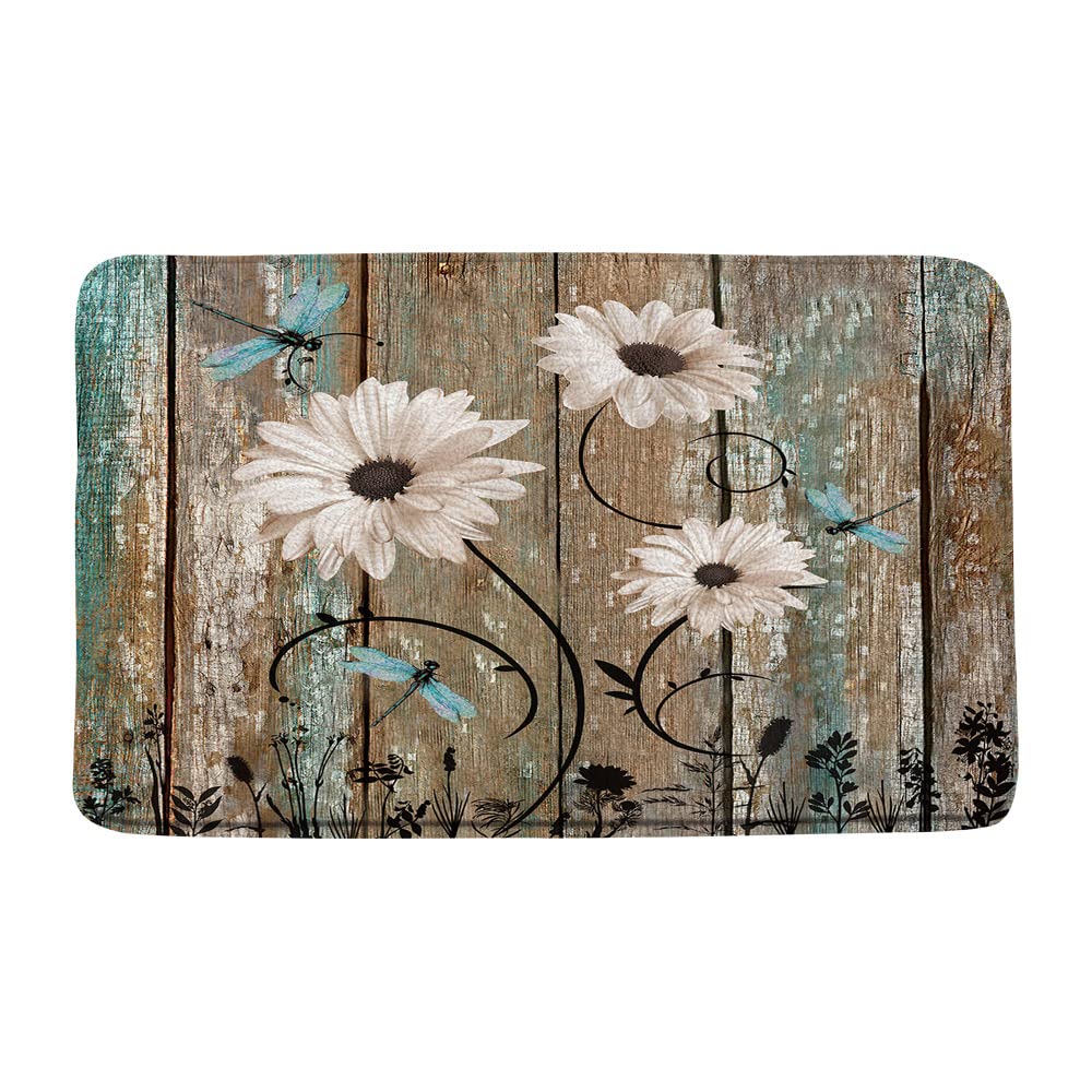 Vintage Floral Bath Mat - Non-Slip Farmhouse Style Daisy & Dragonfly Design - 17.8x29.5 Inch Rustic Wood Plank Bathroom Rug for Country Home Decor - Perfect for Farmhouse Bathrooms, Kitchens and Vintage Style Living Spaces