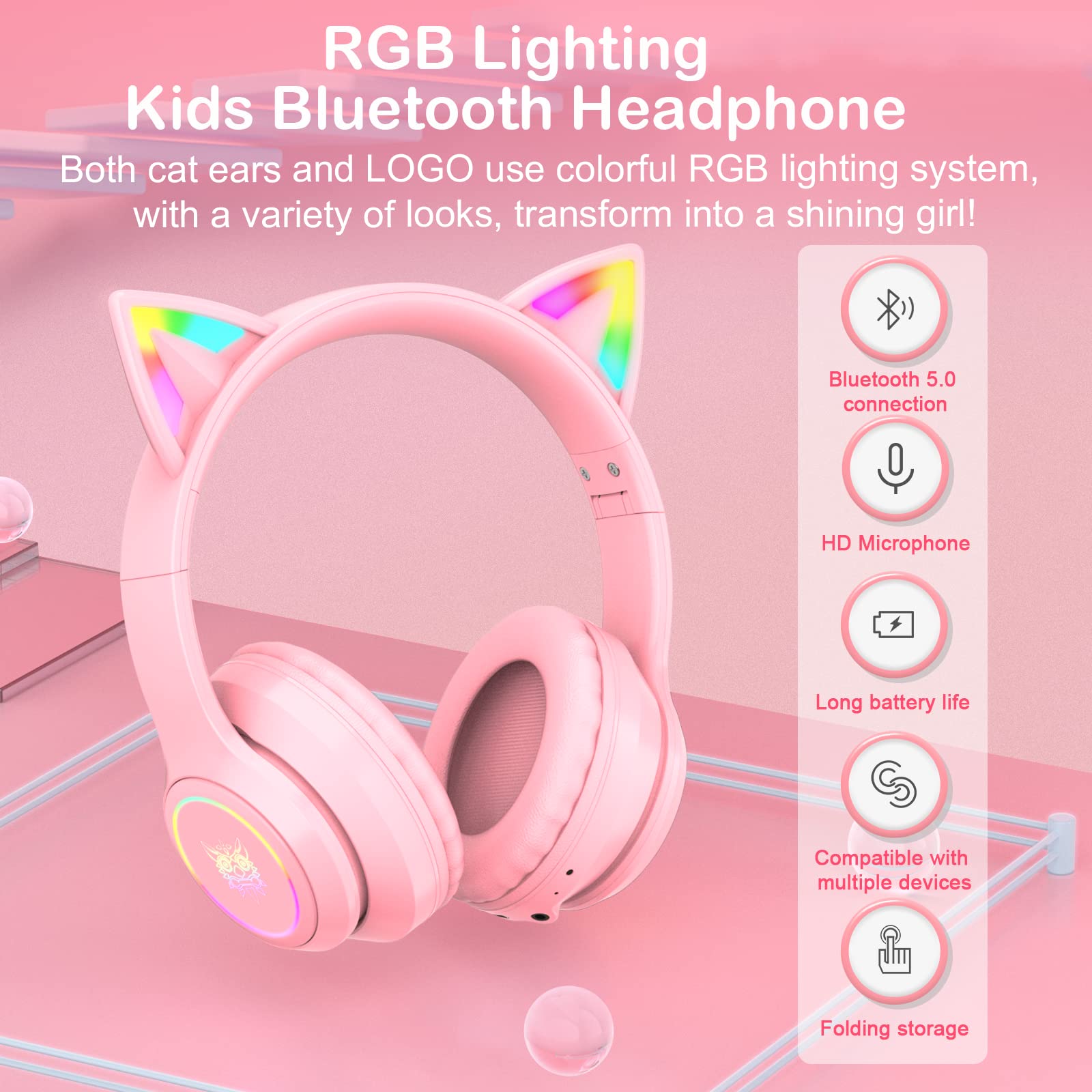 PHNIXGAM Bluetooth Cat Ear Headphones for Kids - Wireless & Wired Foldable Headset with Microphone, RGB LED Lights, Adjustable Volume - Perfect for School, Gaming, Travel, and Online Classes - Compatible with iPhone, Android, PC, Tablet (Pink/Blue)
