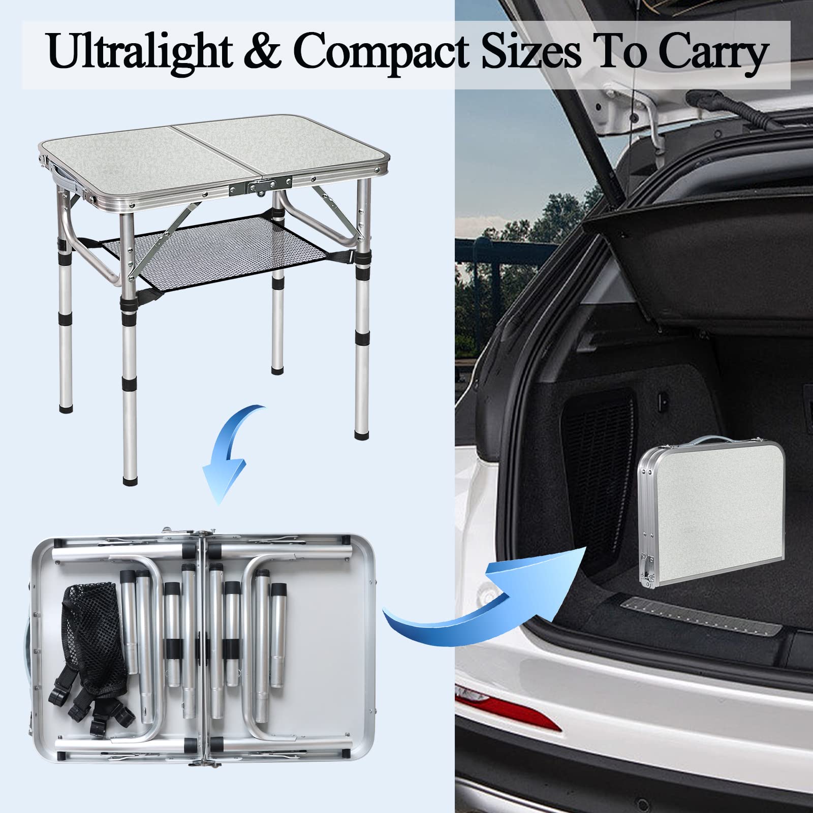 **Compact 3-Height Adjustable Folding Table - 2FT Portable Camping & Outdoor Table with Mesh Storage, White Metal Beach & Patio Table for BBQ, Picnics, and Travel**    *(Perfect for camping trips, beach outings, backyard BBQs, picnics, and small-space living!)*
