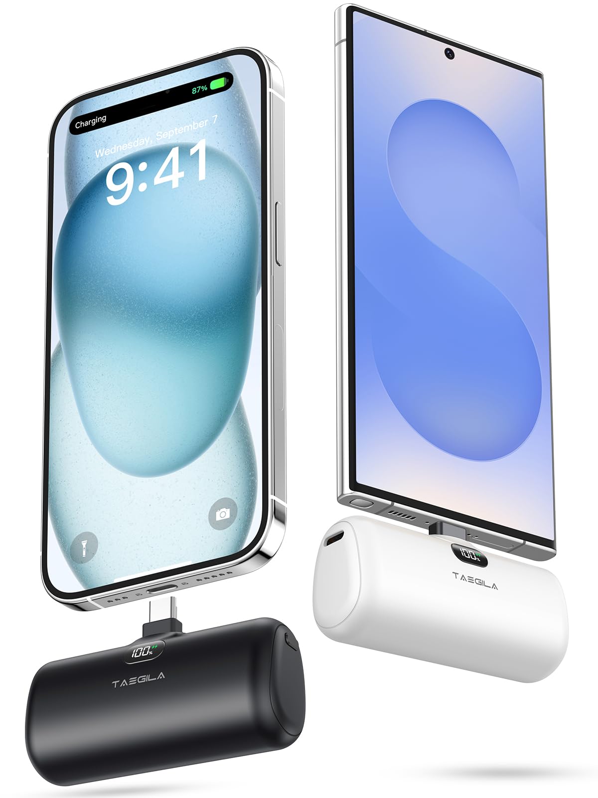 Taegila 2-Pack 5000mAh Portable Charger with Built-in USB-C Cable & LCD Display - Compact Power Bank for iPhone 15/16, Samsung Galaxy & Android Phones - Perfect for Travel, Camping & Emergency Charging